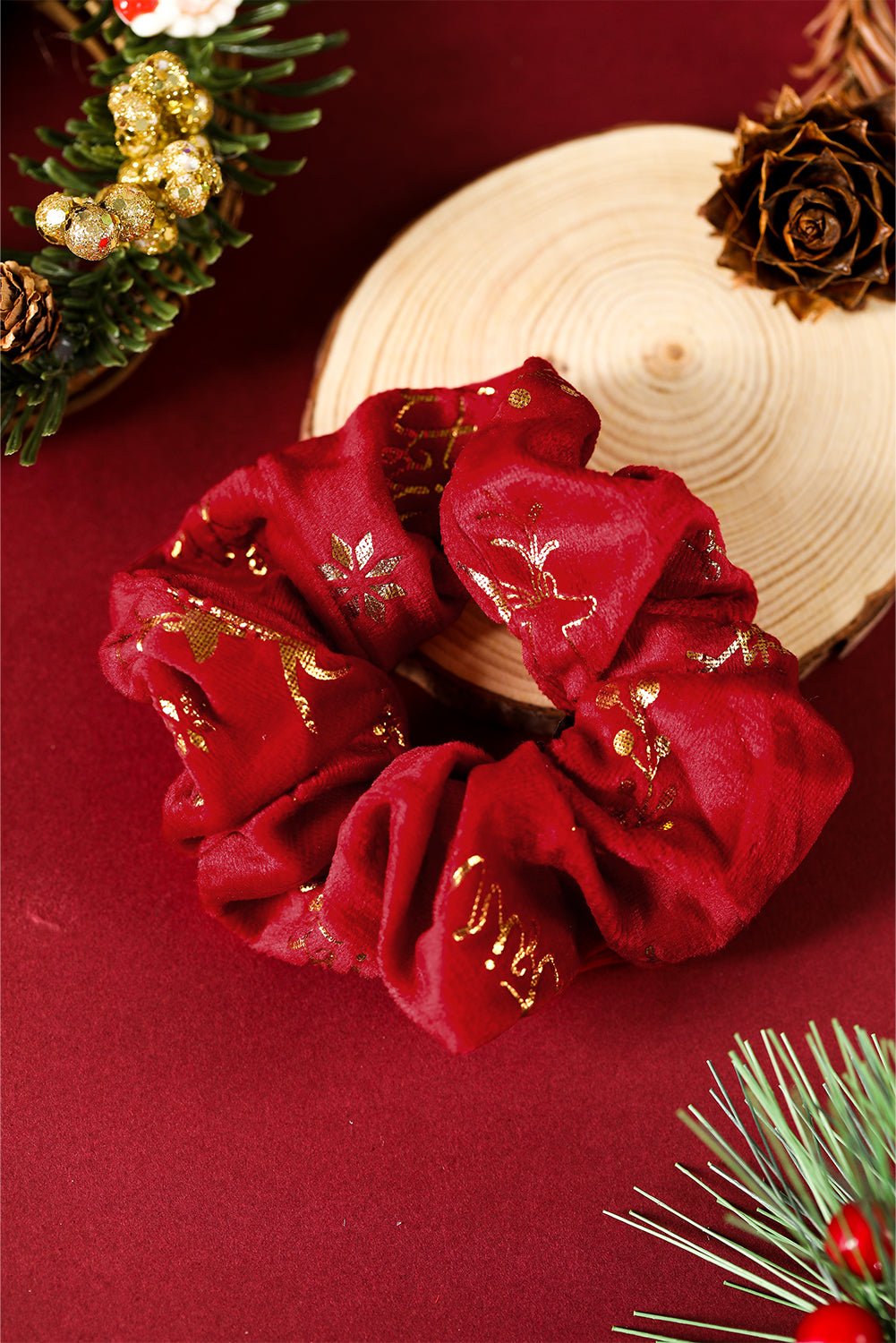 Fiery Red Christmas Print Velvet Hair Scrunchie