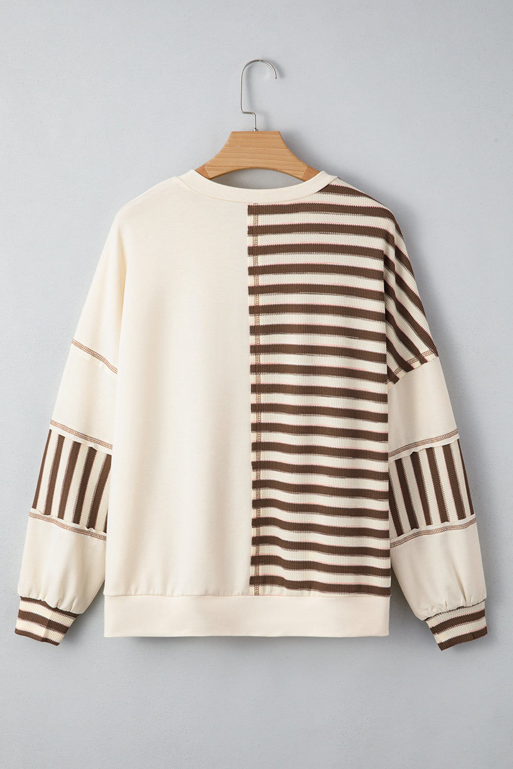 Khaki Striped Patchwork Oversized Pullover Top