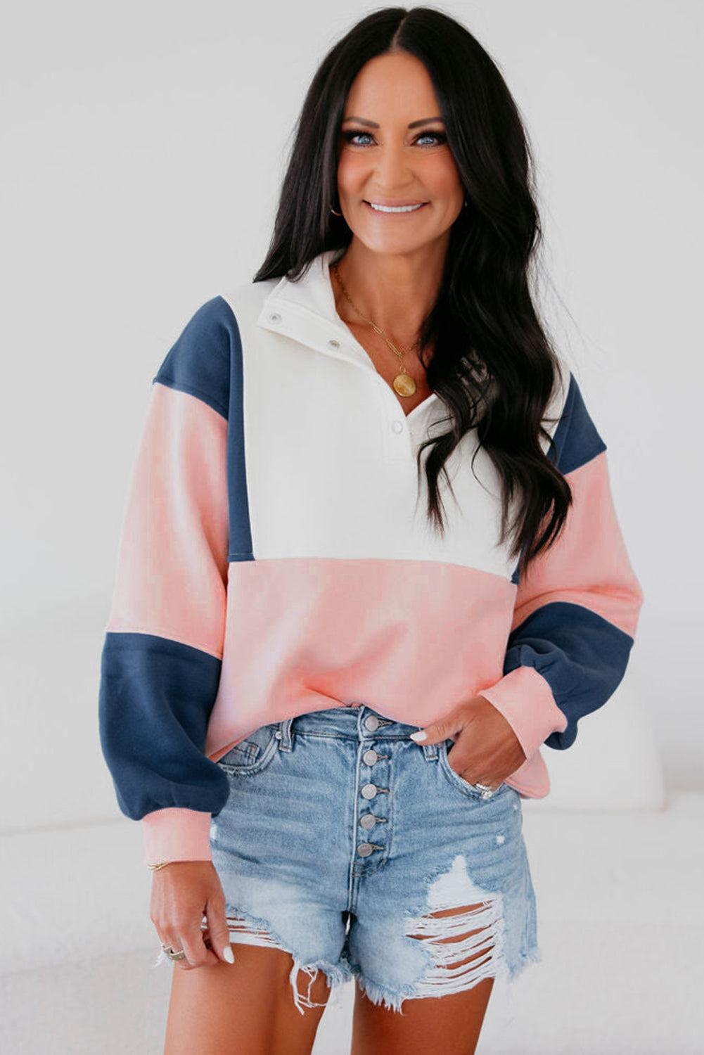 Pink Colorblock Patchwork Half Button Baggy Sweatshirt