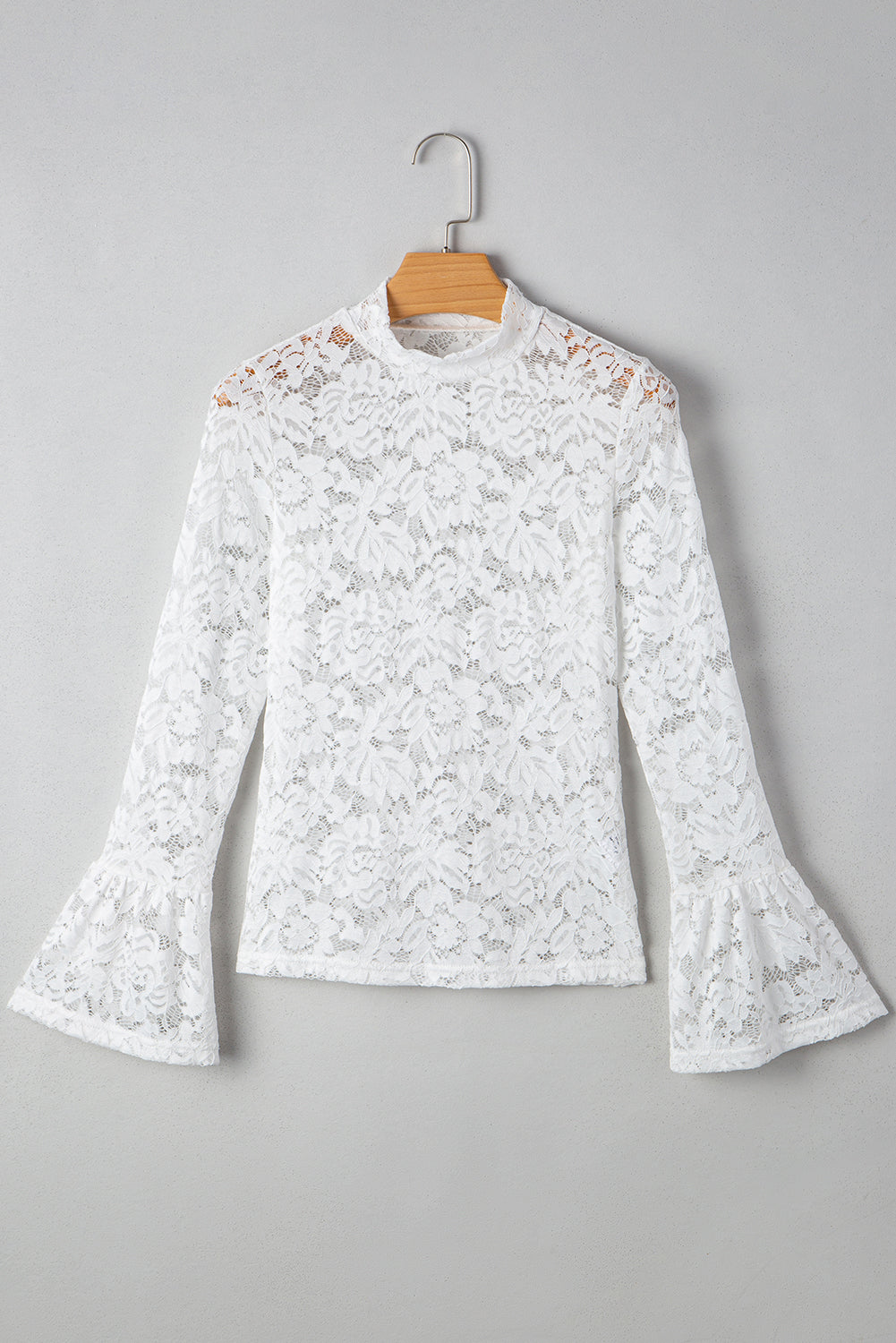 White Lace Crochet Bell Sleeve Mock Neck Blouse