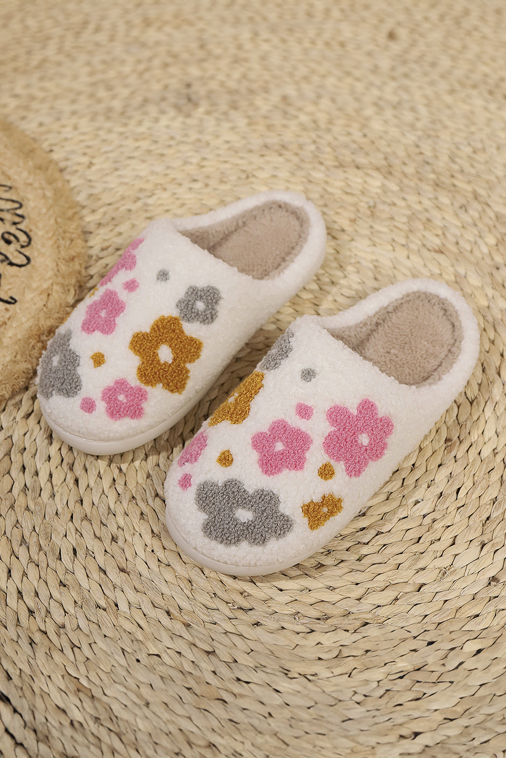 White Floral Fuzzy Winter Slippers