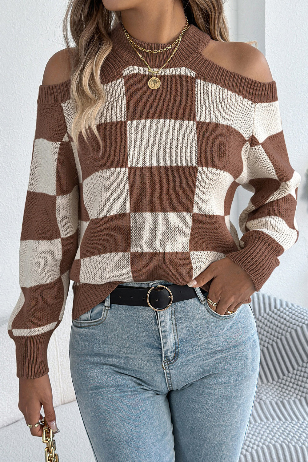 Coffee Off the Shoulder Checkered Sweater