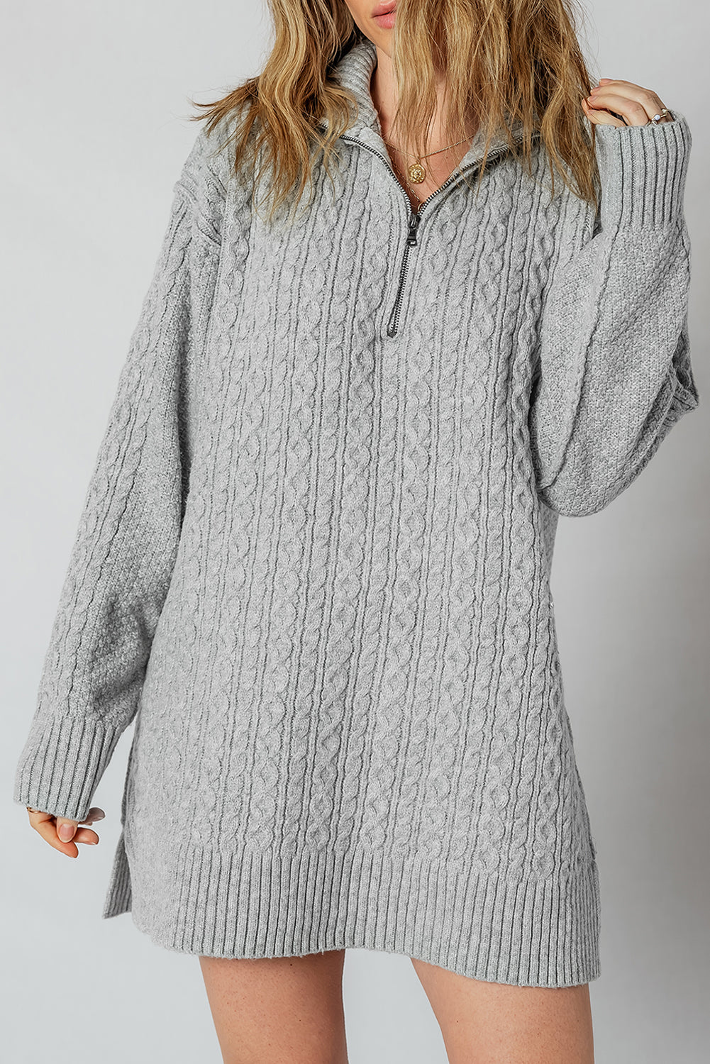 High-rise Quarter Zip Ribbed Trim Cable Knit Loose Sweater Dress