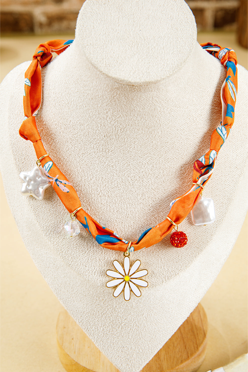 Orange Daisy Flower & Pearl Pendants Abstract Scarf Necklace
