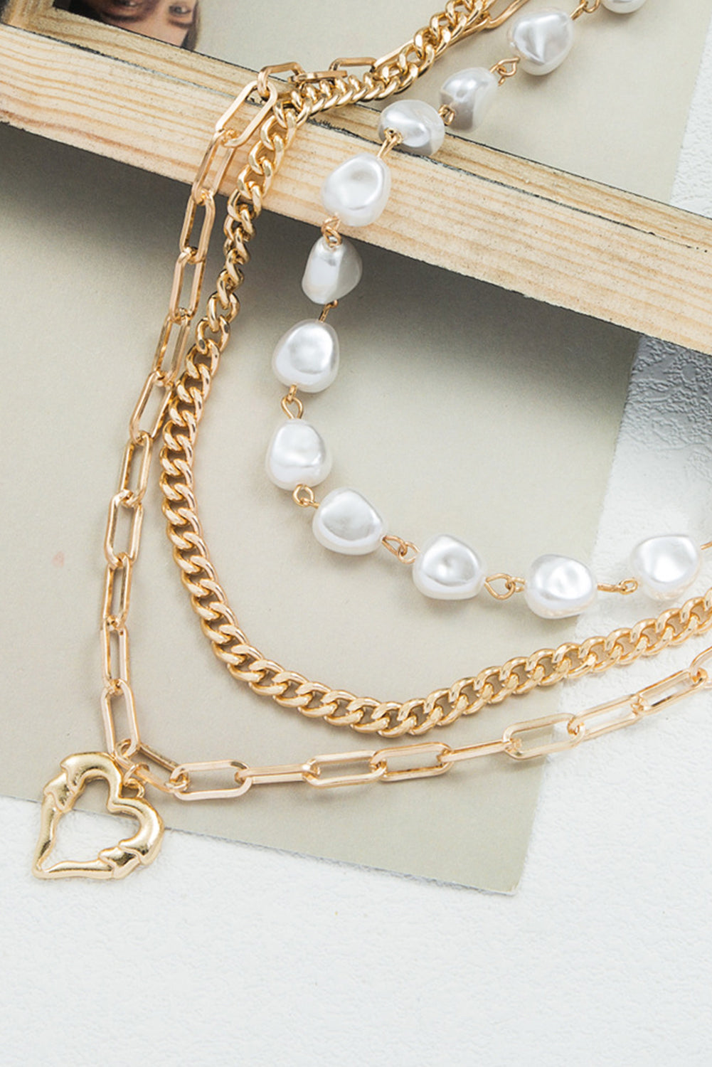 Gold Heart Pendant Pearl Chain Multi-Layered Necklace
