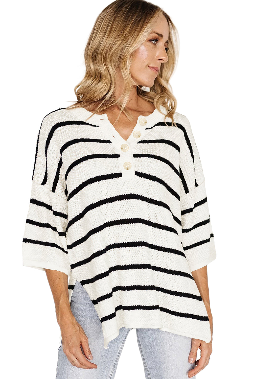 White Stripe Drop Shoulder Bracelet Sleeve Henley Knit Tee