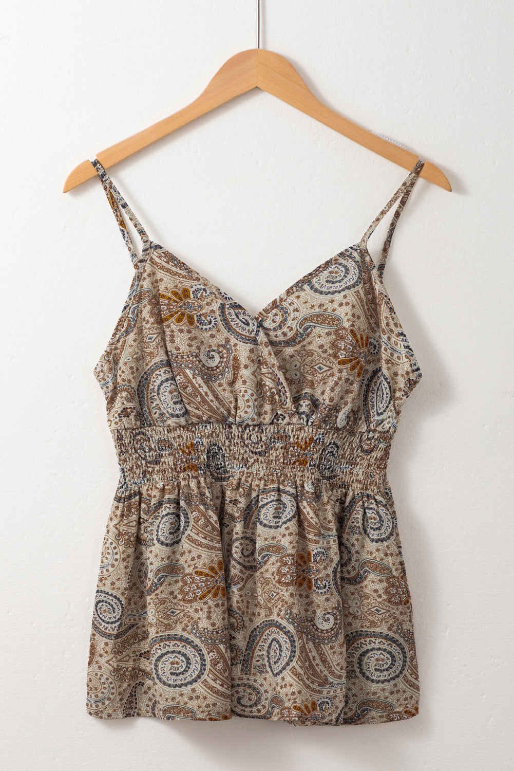 Khaki Paisley Print Spaghetti Strap V Neck Smocked Cami Top