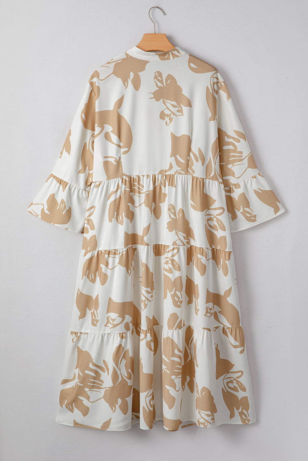 Khaki Abstract Print Ruffle Sleeve Tiered A-line Plus Size Long Dress