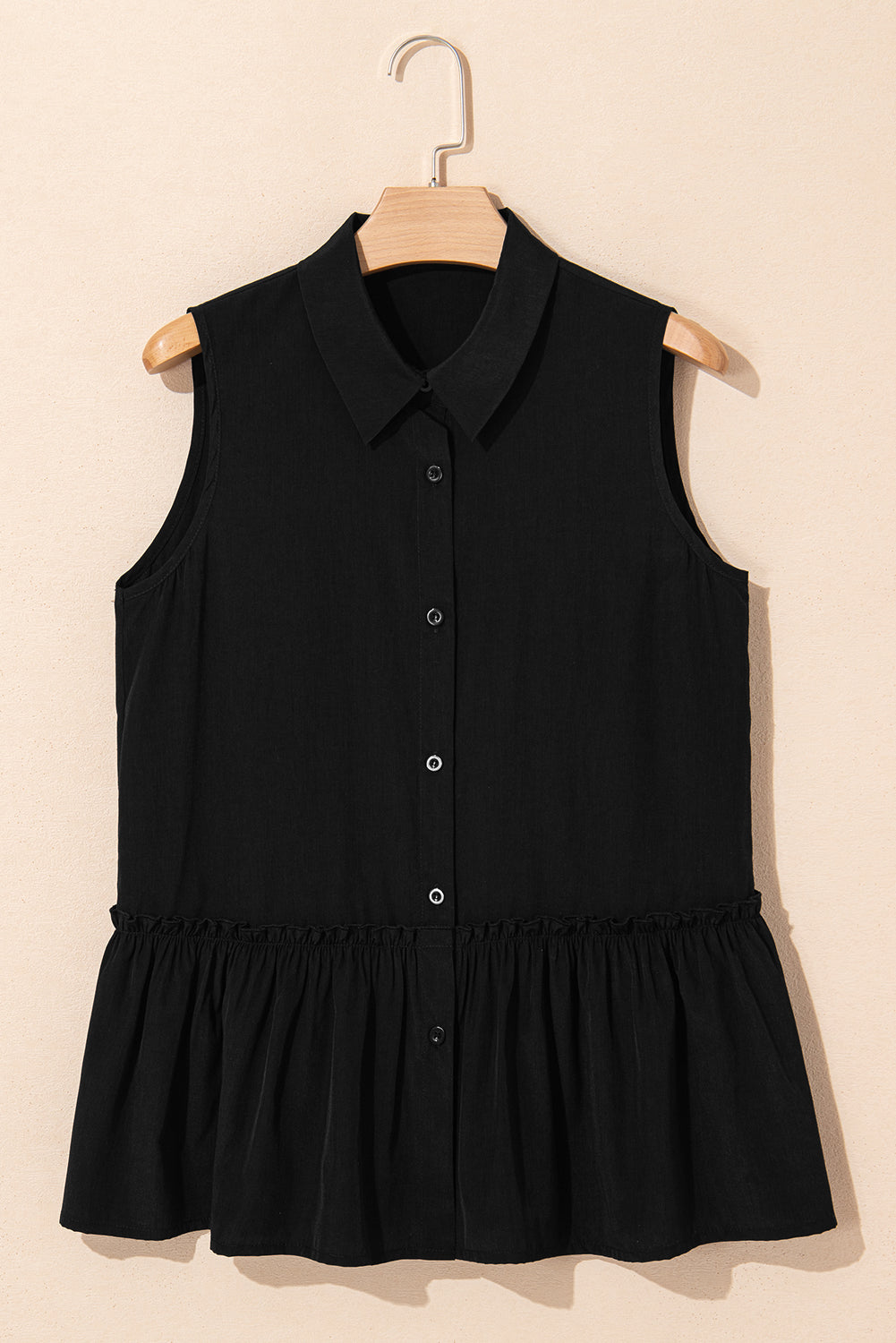 Black Plain Frill Ruffle Hem Sleeveless Shirt