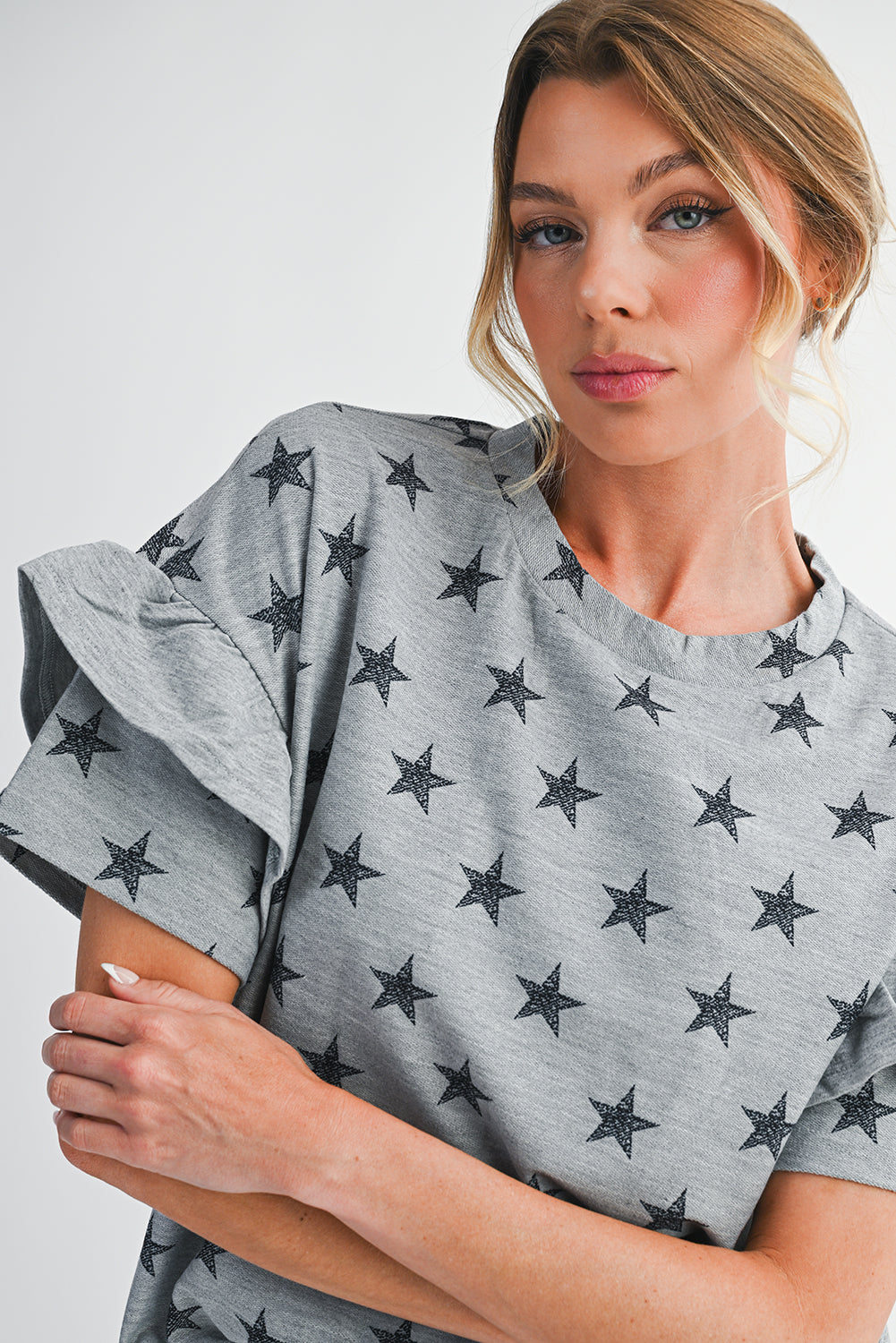 Gray Star Print Tiered Ruffle Sleeve Crew Neck T Shirt