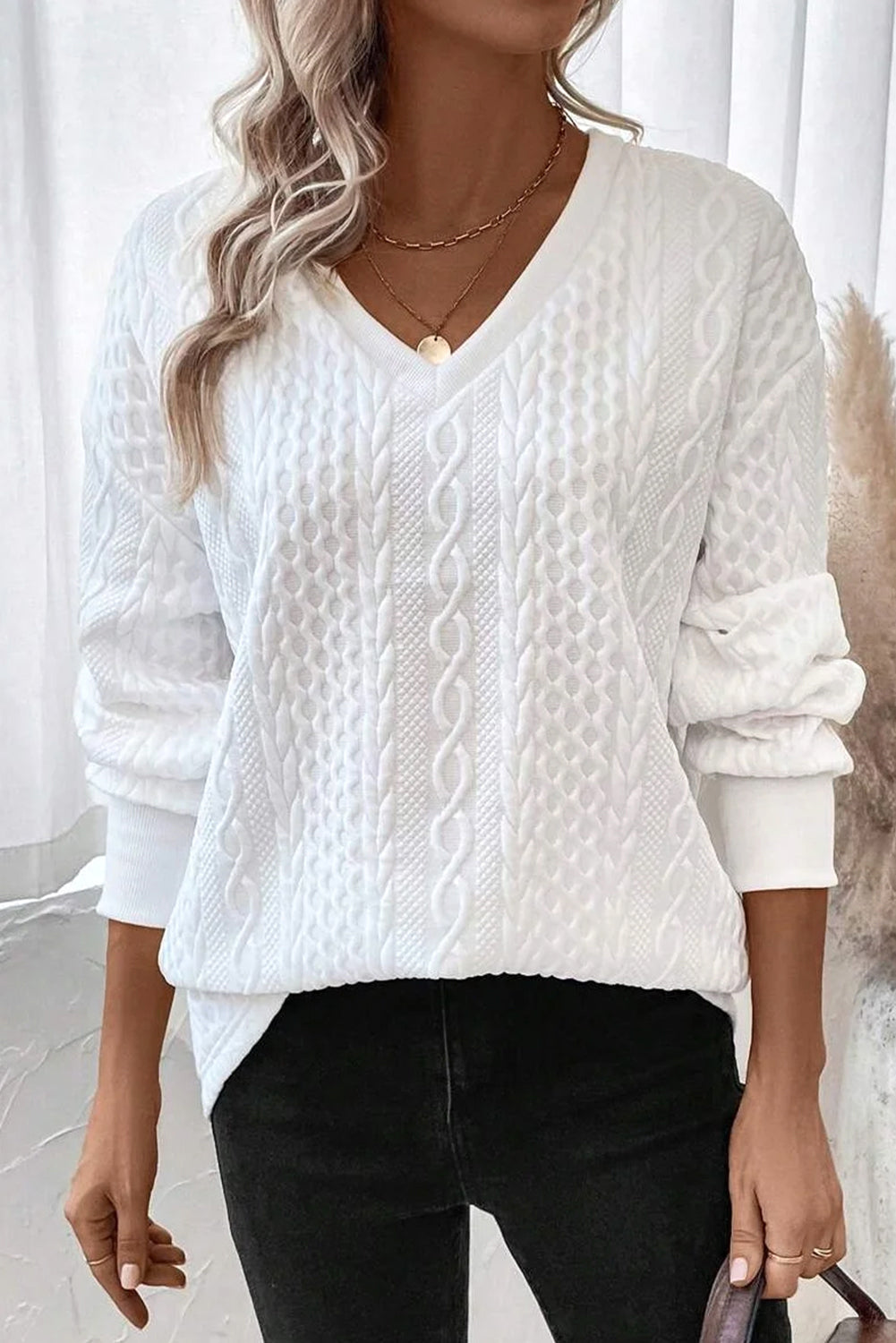 White Plain V-Neck Oversized Long Sleeve Textured Top