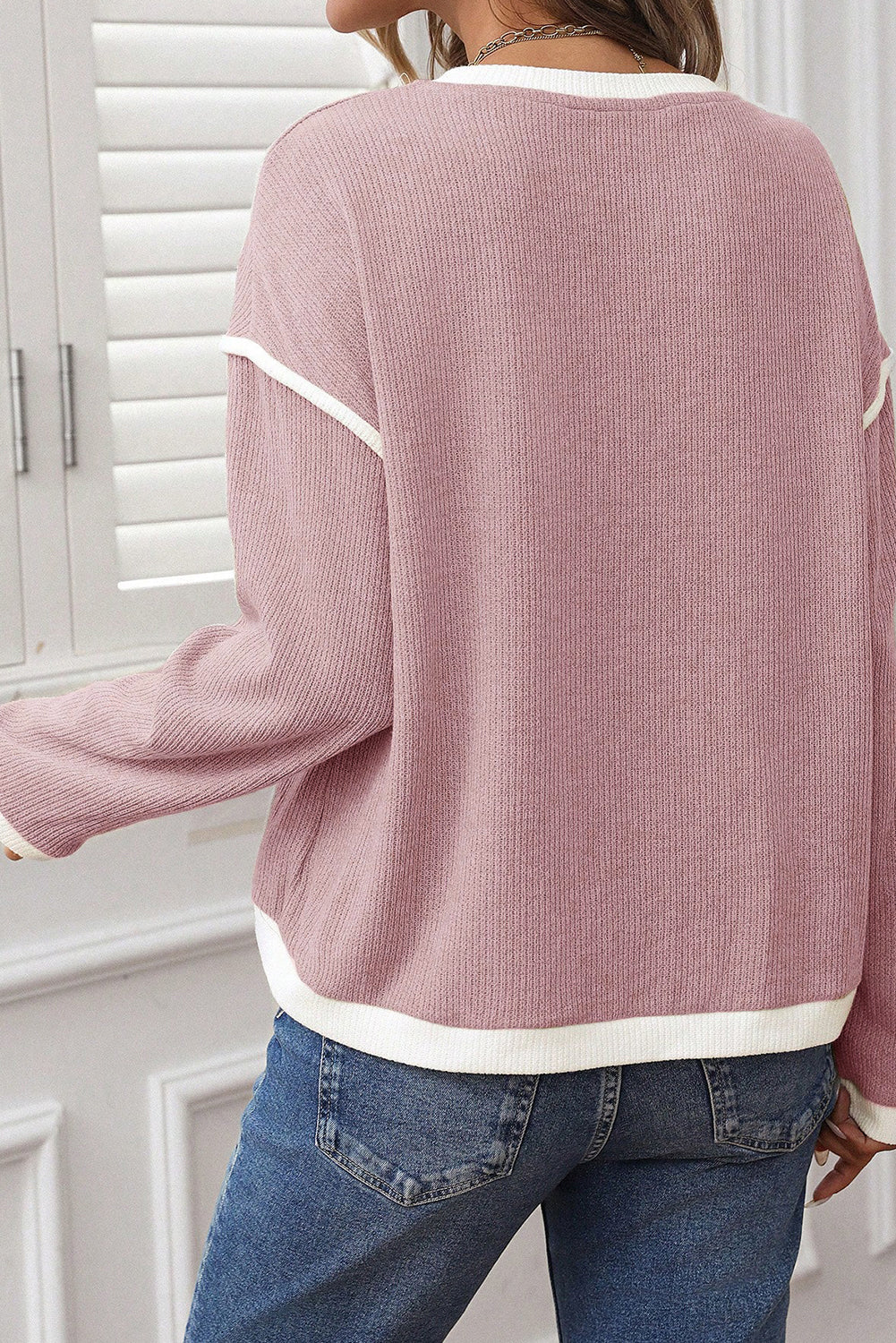Light Pink Contrast Trim Knitted Drop Shoulder Plus Size Top