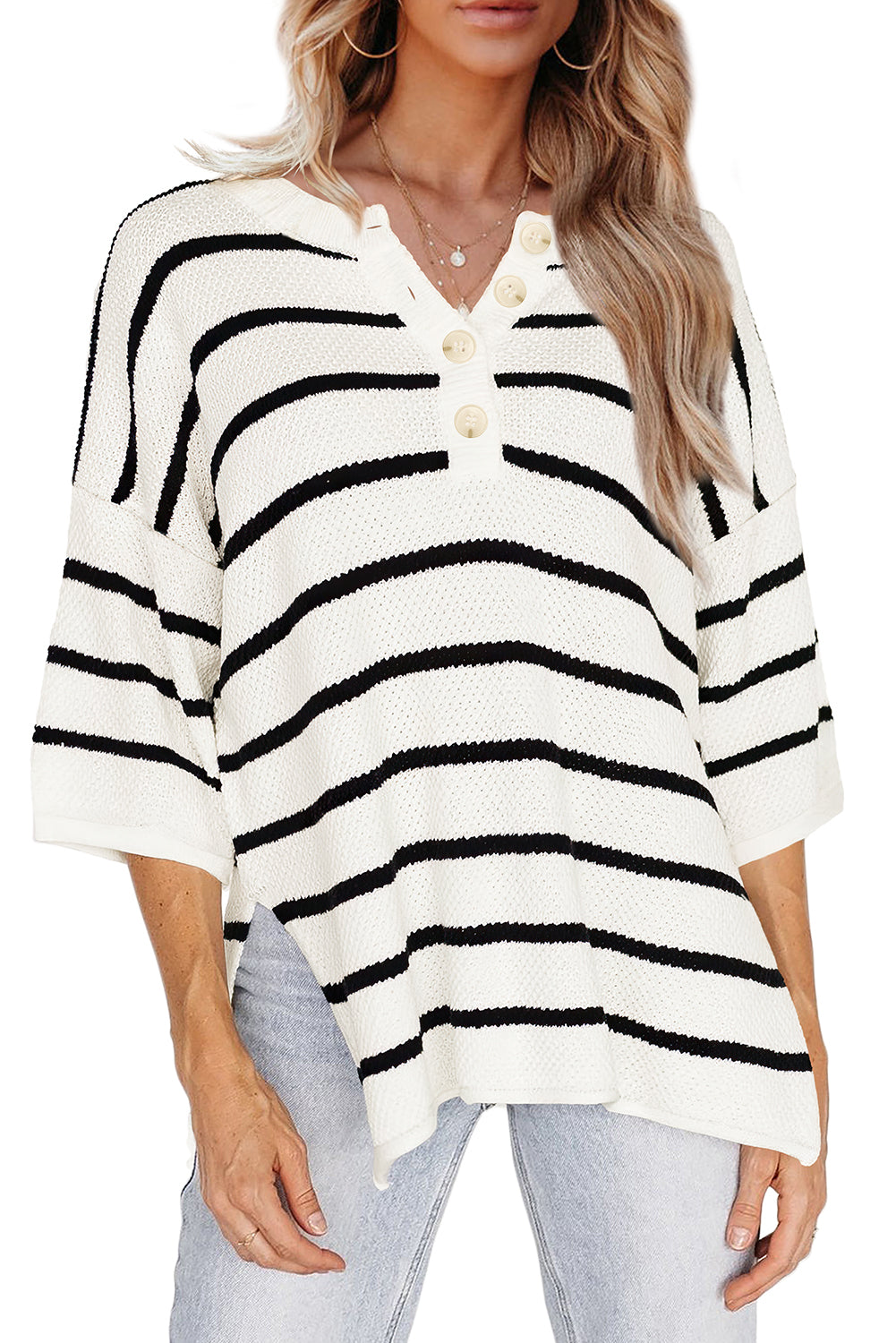 White Stripe Drop Shoulder Bracelet Sleeve Henley Knit Tee