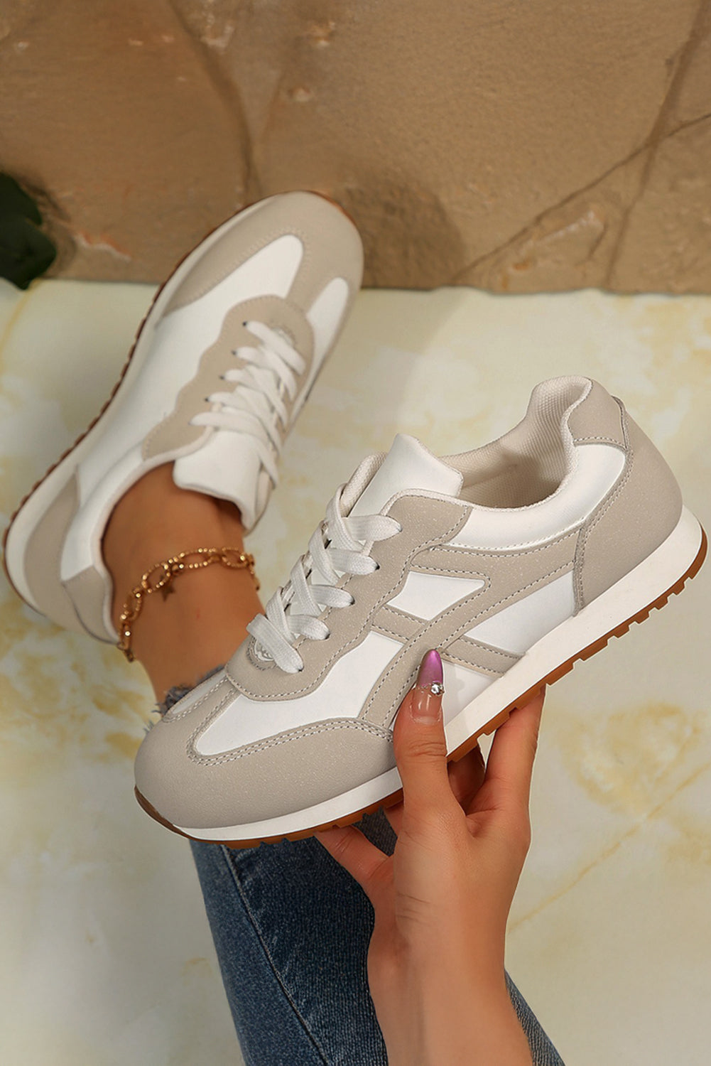 Oatmeal Contrast Lace Up Round Toe Sneakers