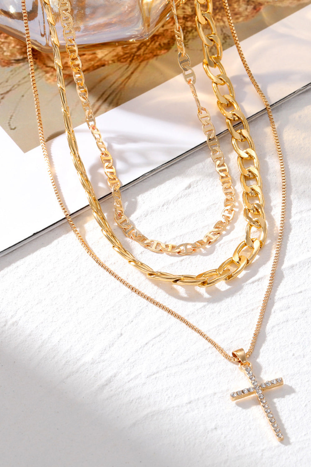 Gold Plated Cross Pendant Multi Layer Stacked Chain Necklace