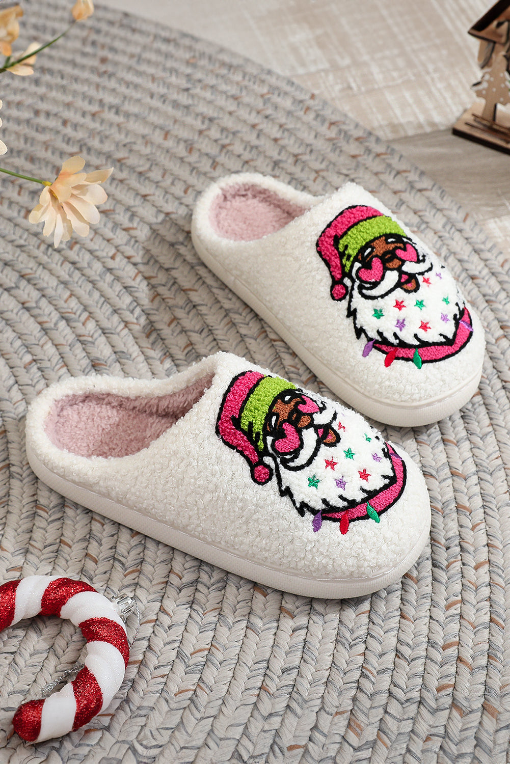 White Starry Santa Claus Pattern Christmas Plush Slippers