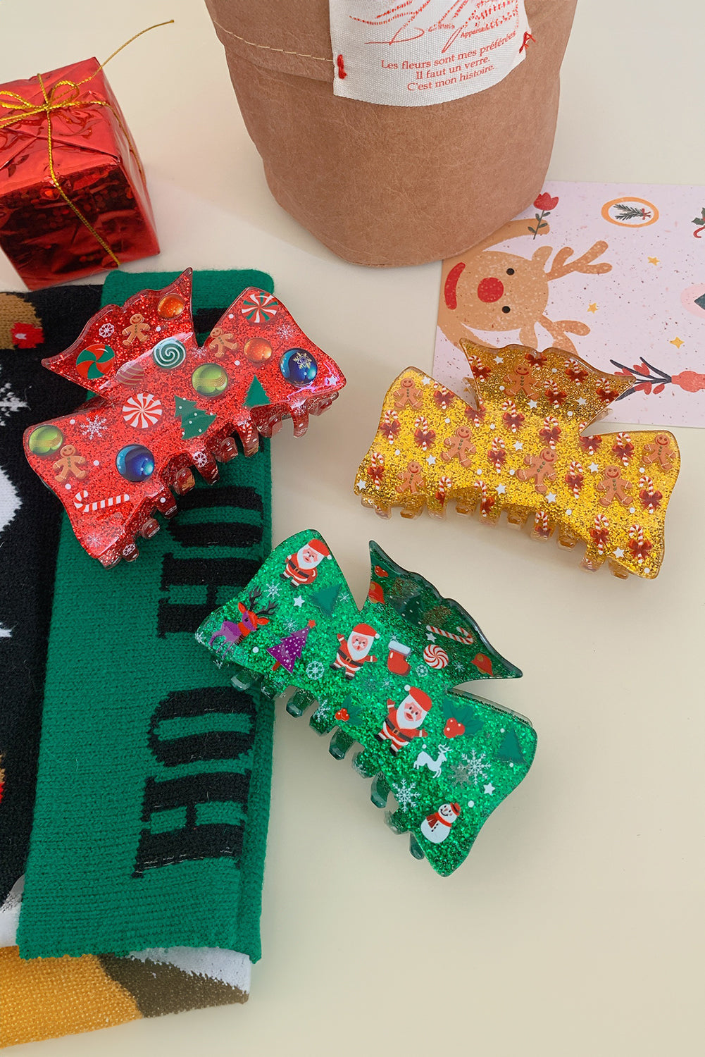 Dark Green Christmas Cartoon Graphic Hair Claw Clip