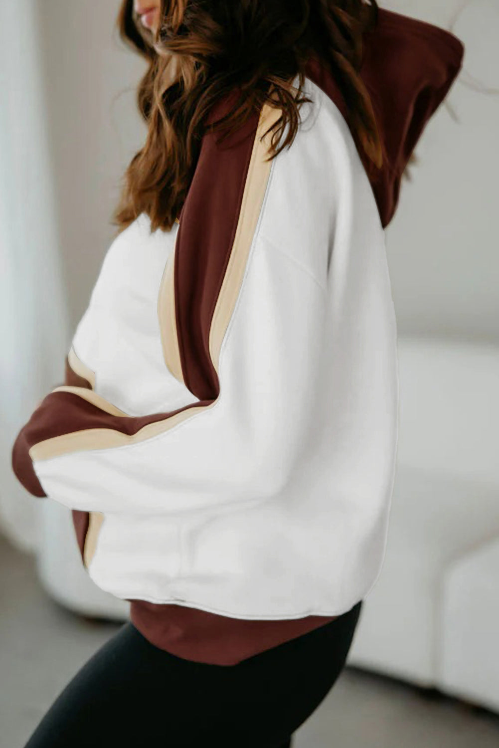 Coffee Colorblock Kangaroo Pocket Long Sleeve Hoodie