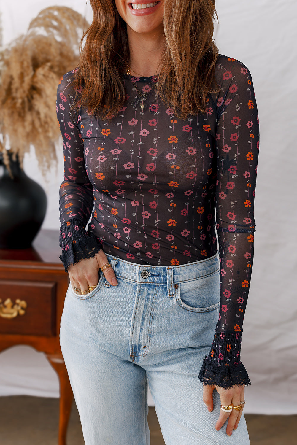 Black Floral Print Smocked Cuff Slim Fit Mesh Bodysuit