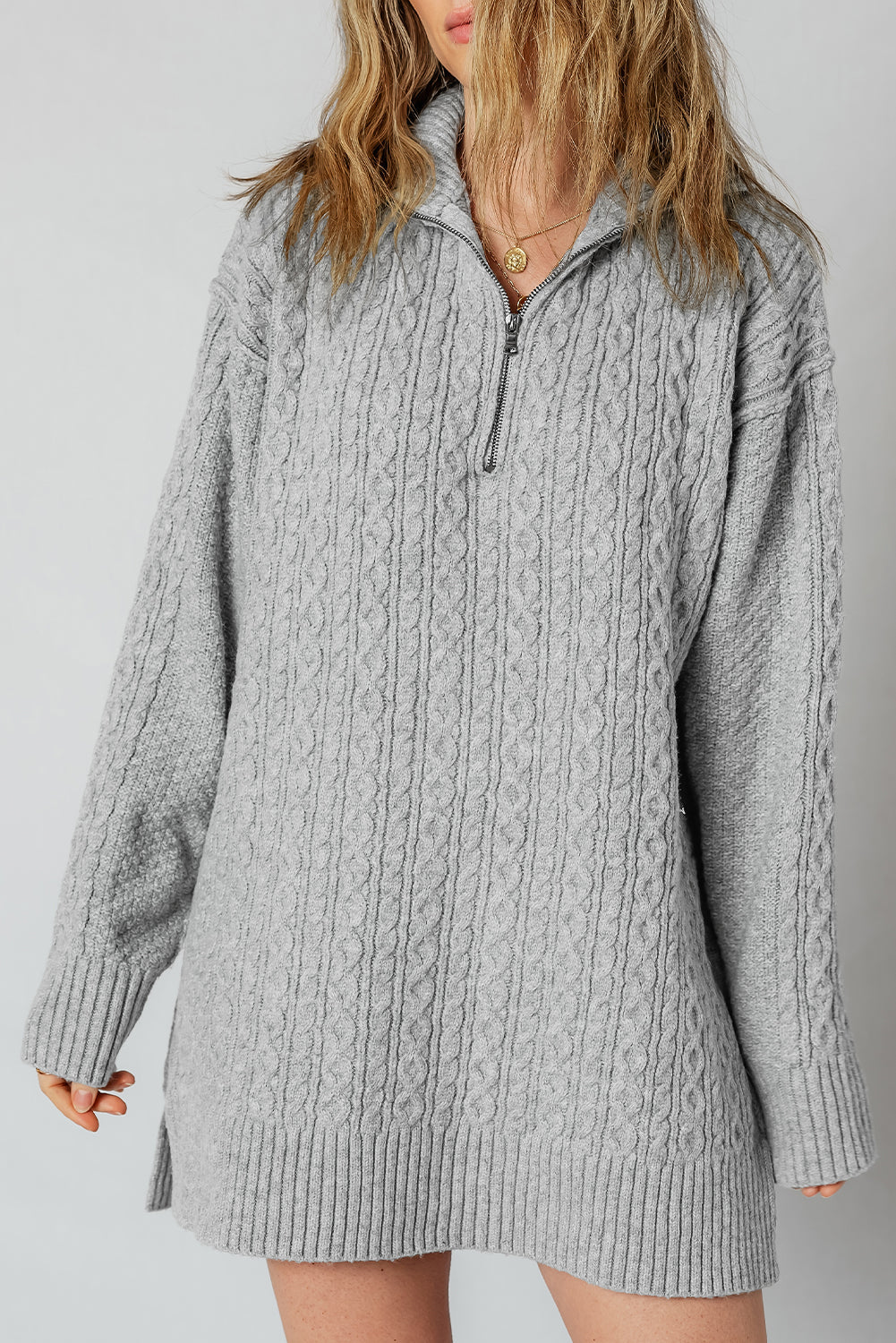 High-rise Quarter Zip Ribbed Trim Cable Knit Loose Sweater Dress