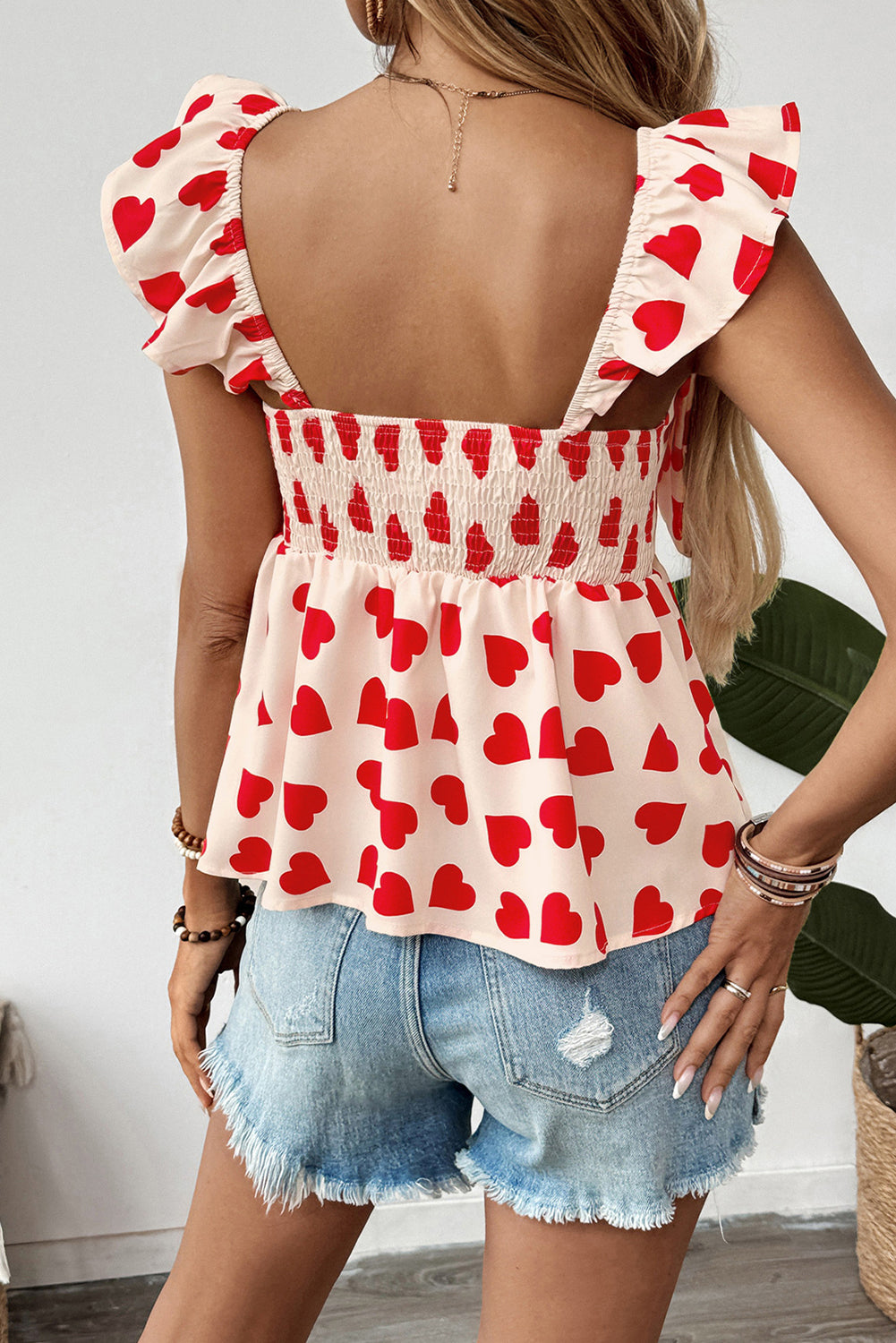 Red Heart Print Bow Front Peplum Sleeveless Top