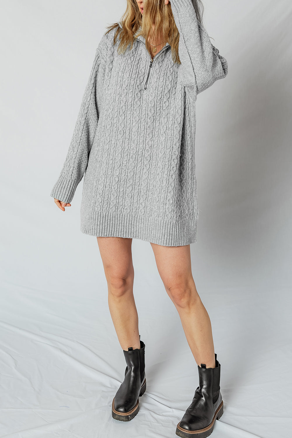 High-rise Quarter Zip Ribbed Trim Cable Knit Loose Sweater Dress