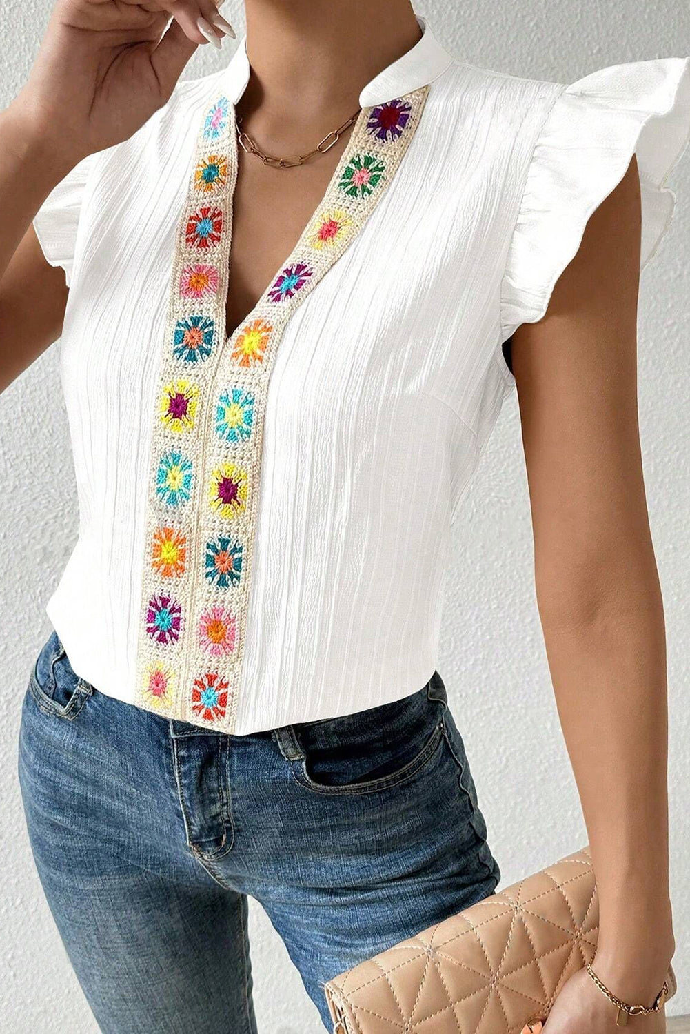 White Crochet Floral Notch V Neck Textured Blouse