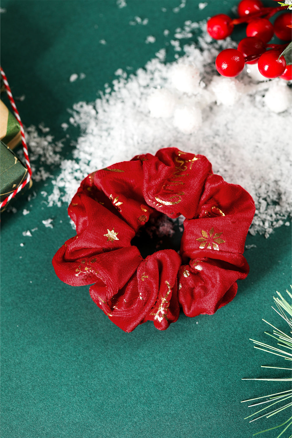 Fiery Red Christmas Print Velvet Hair Scrunchie