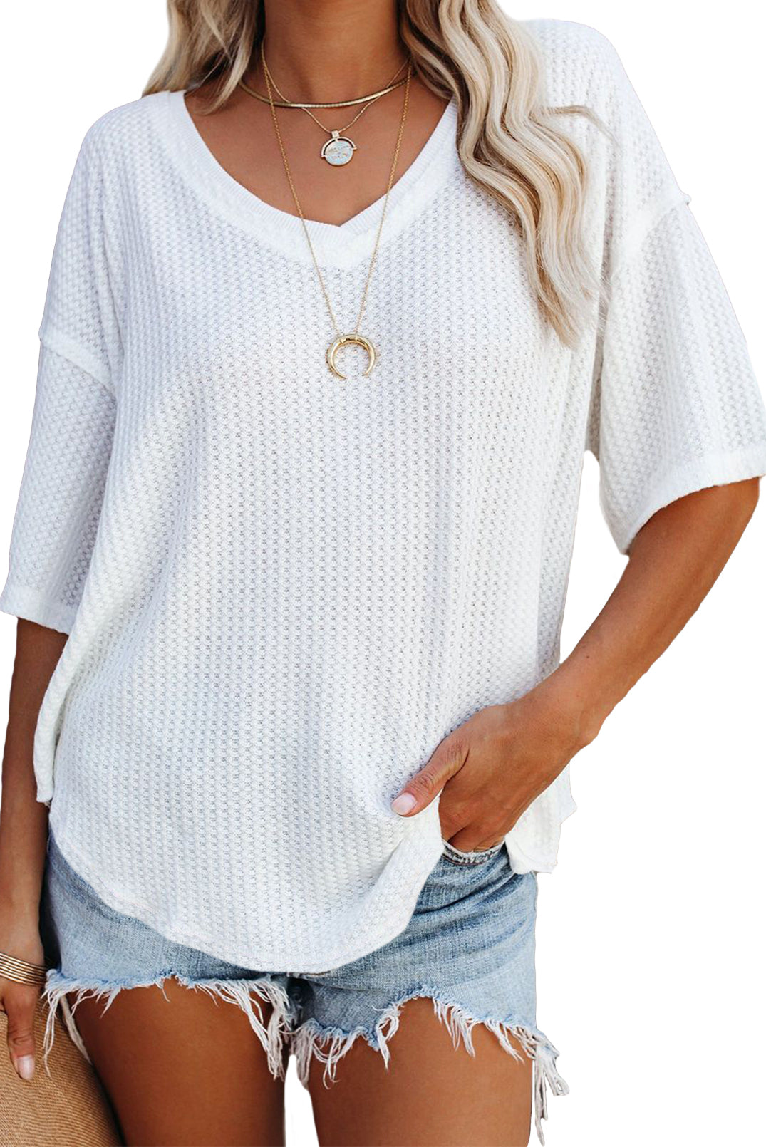 White Exposed Seam Drop Sleeve Waffle Textured Top