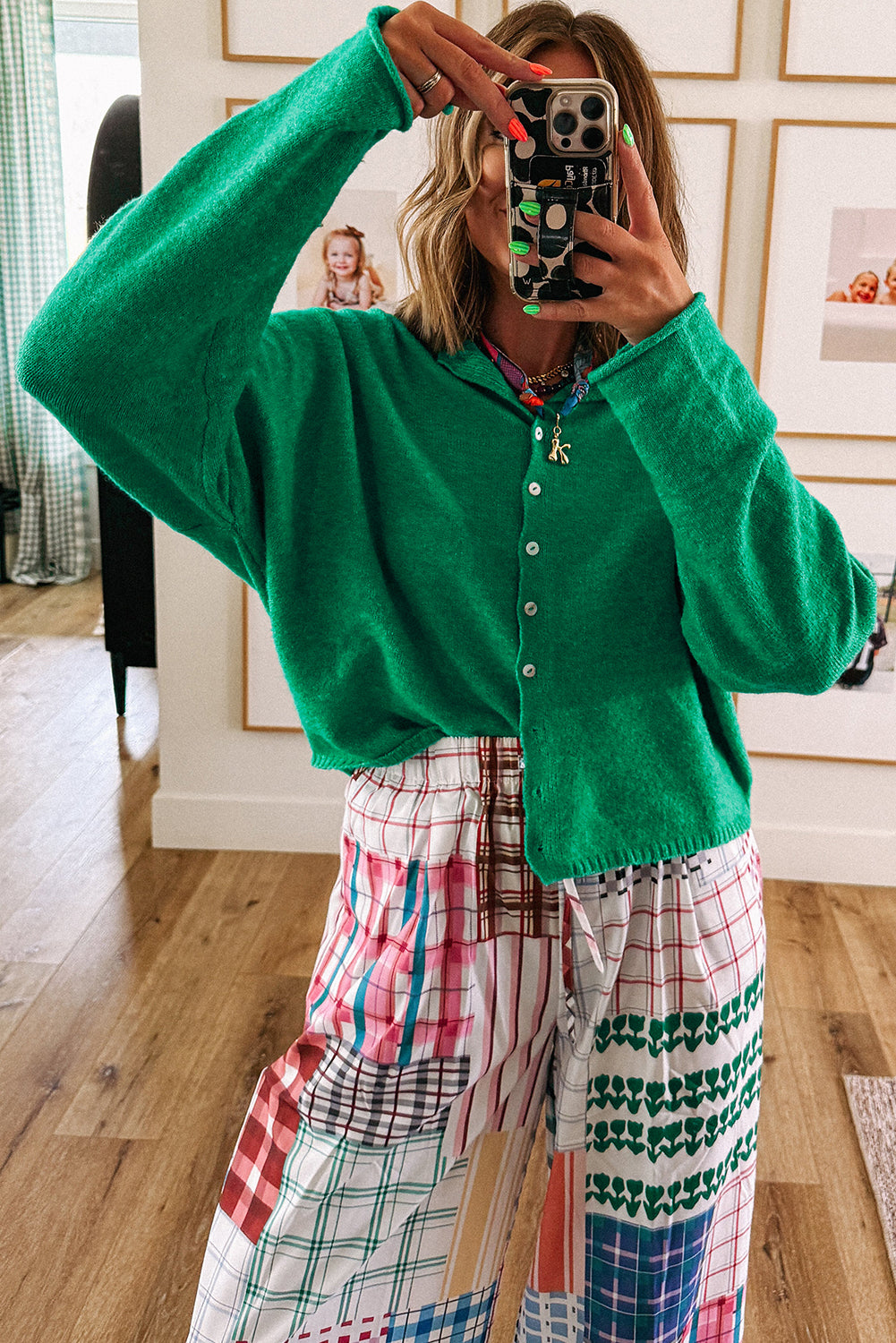 Bright Green Solid Color Button Drop Shoulder Knit Cardigan