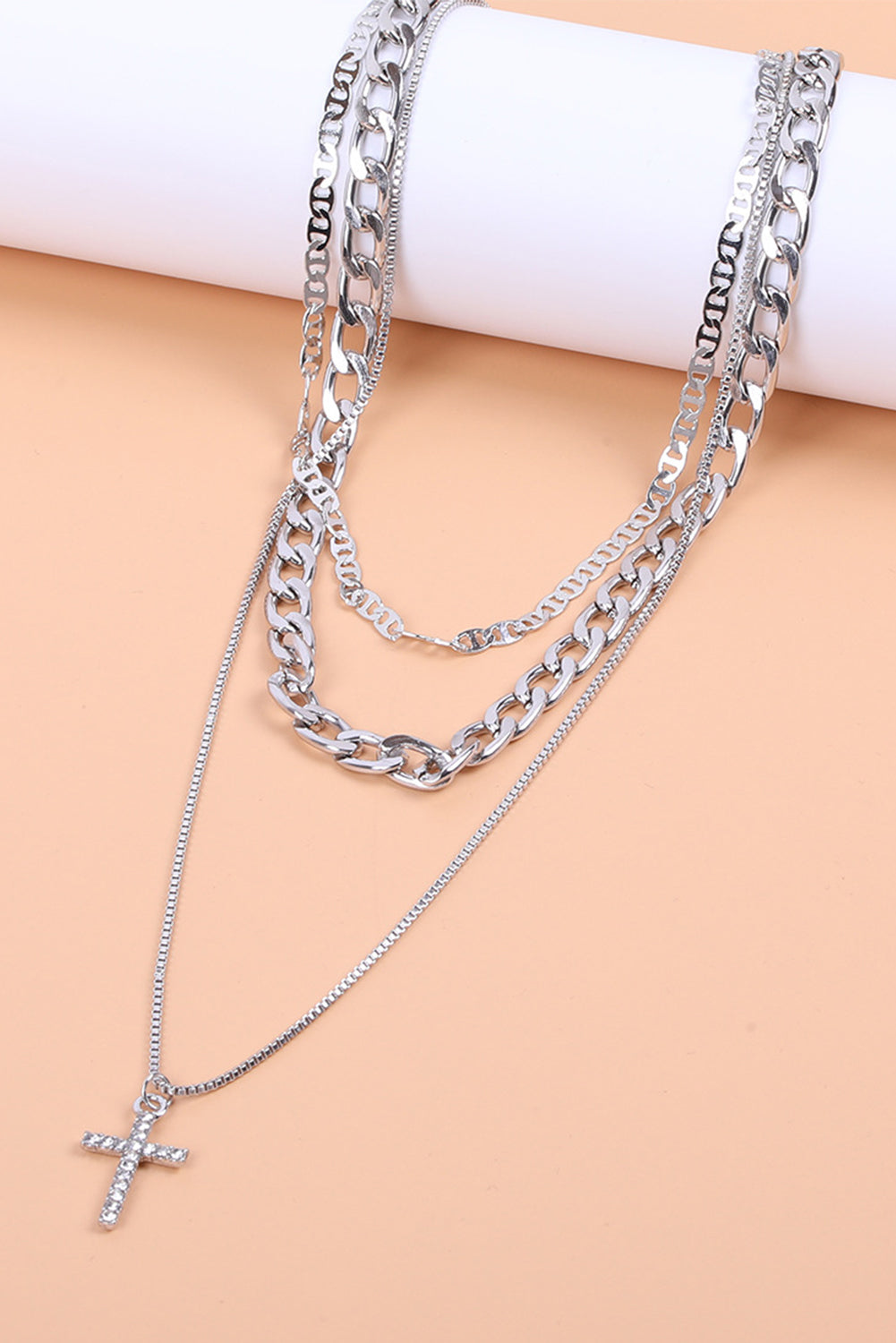 Silvery Rhinestone Cross Pendant Multi Layer Stacked Chain Necklace