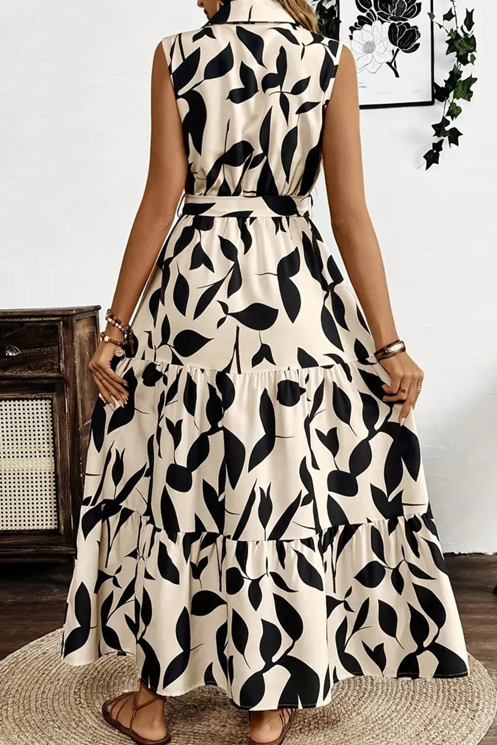 Apricot Abstract Print Knot Waist Collar Sleeveless Maxi Dress