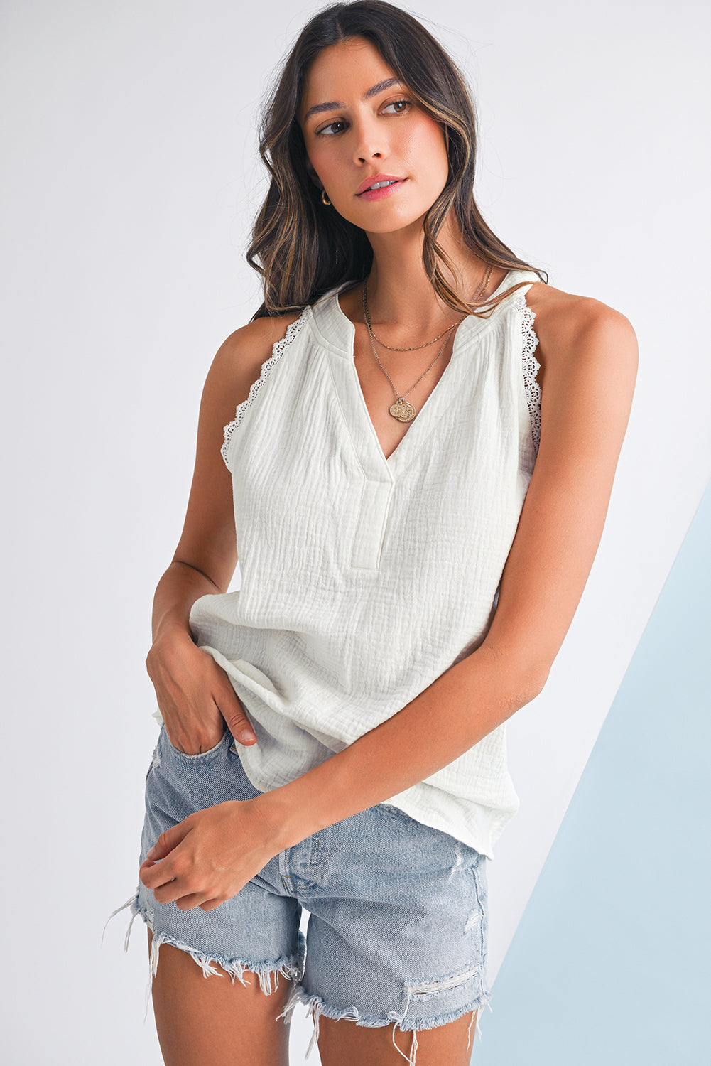 White V Neck Lace Trim Crinkled Sleeveless Top