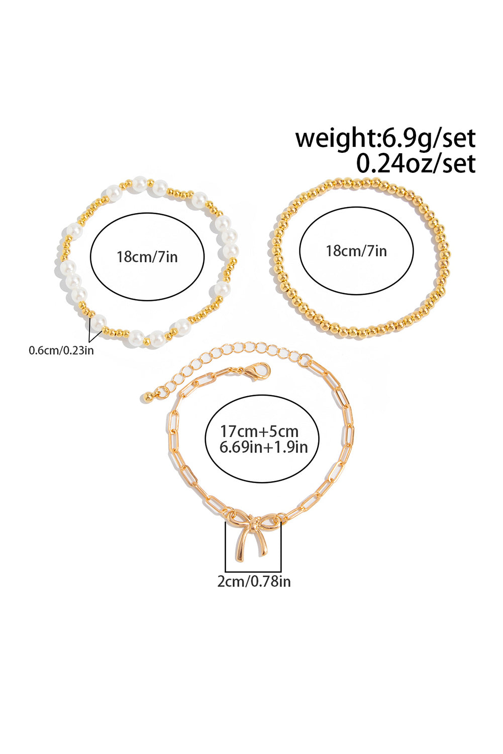 Gold Bow Pearl Decor Beaded Bracelet Set