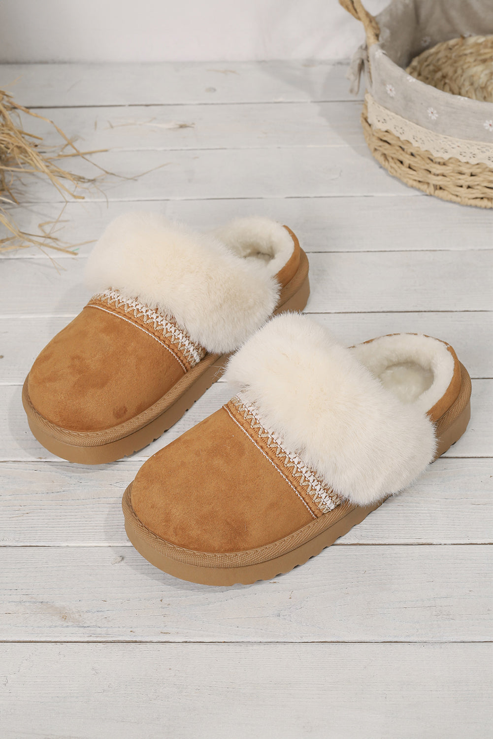 Camel Suede Fuzzy Winter Warm Platform Slippers