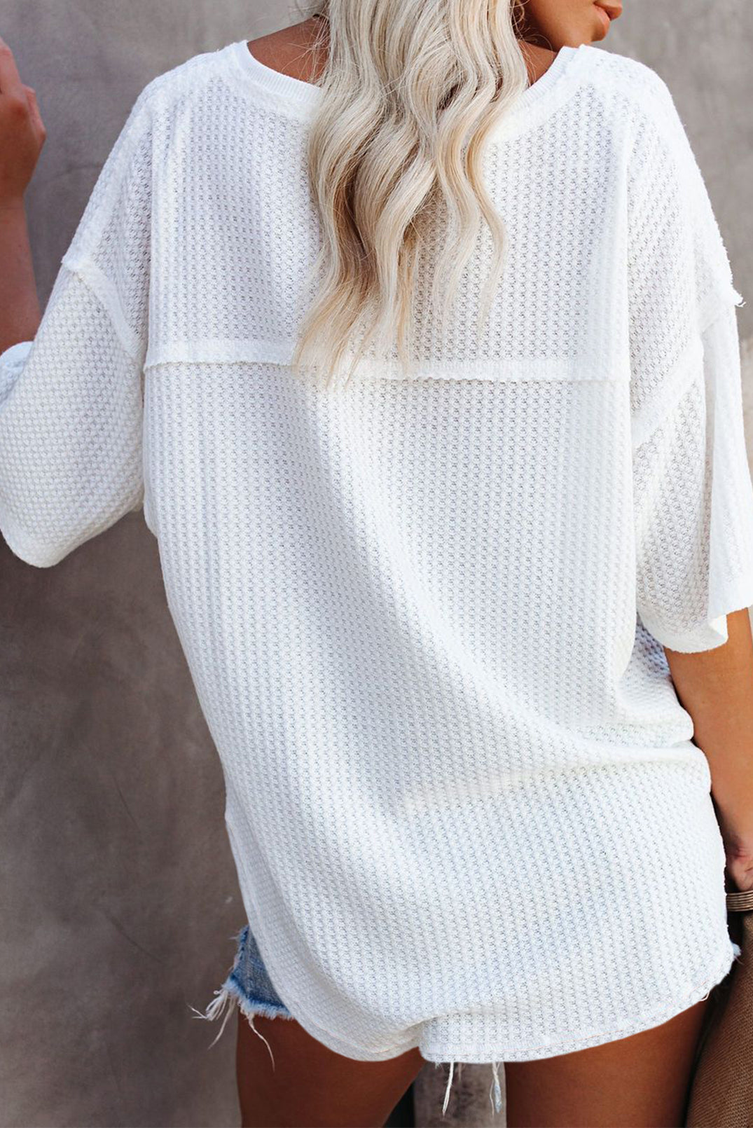 White Exposed Seam Drop Sleeve Waffle Textured Top