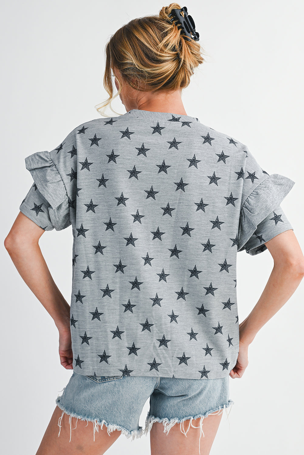 Gray Star Print Tiered Ruffle Sleeve Crew Neck T Shirt