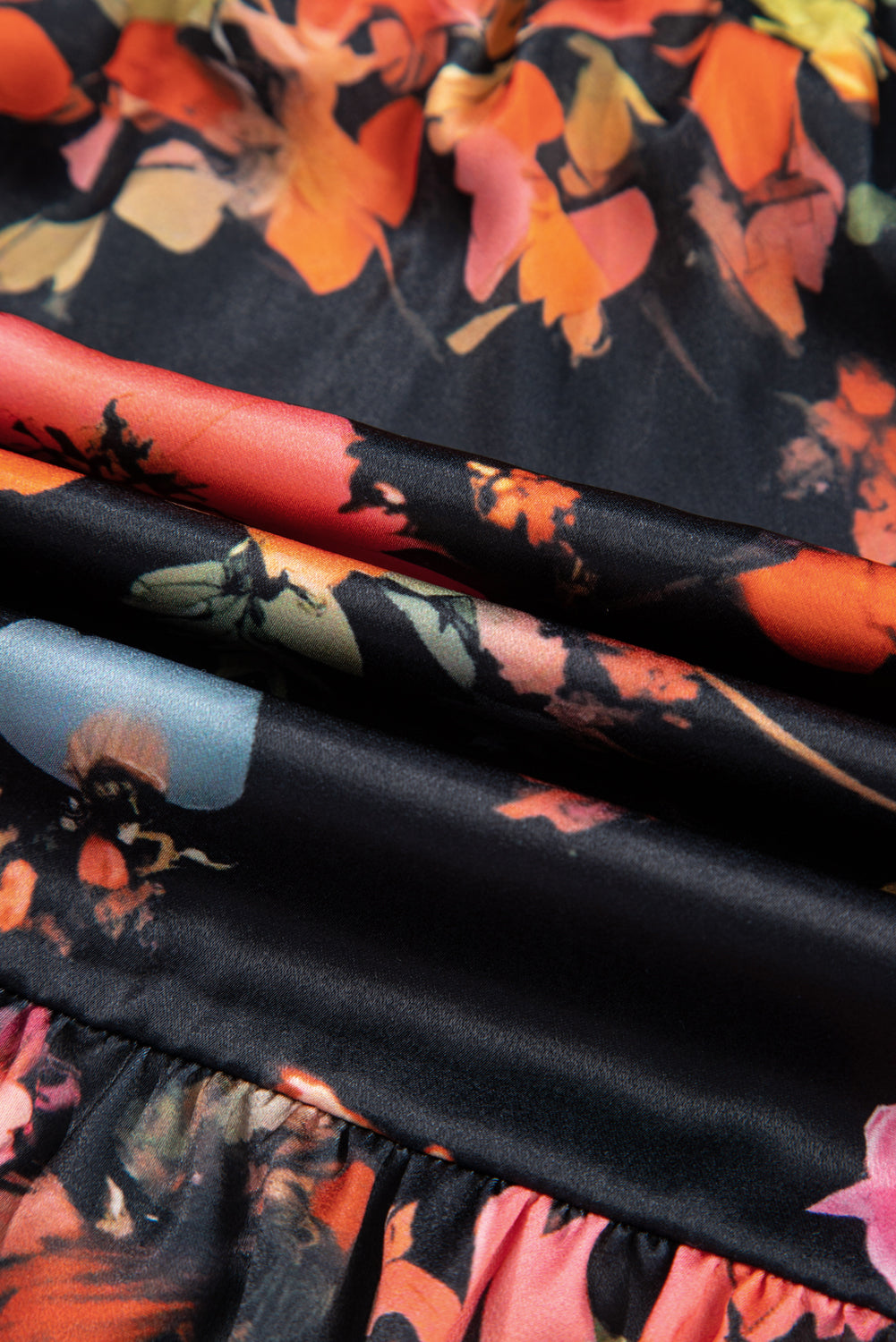 Black Plus Size Floral Print Tie Neck Cinched Waist Long Sleeve Mini Dress