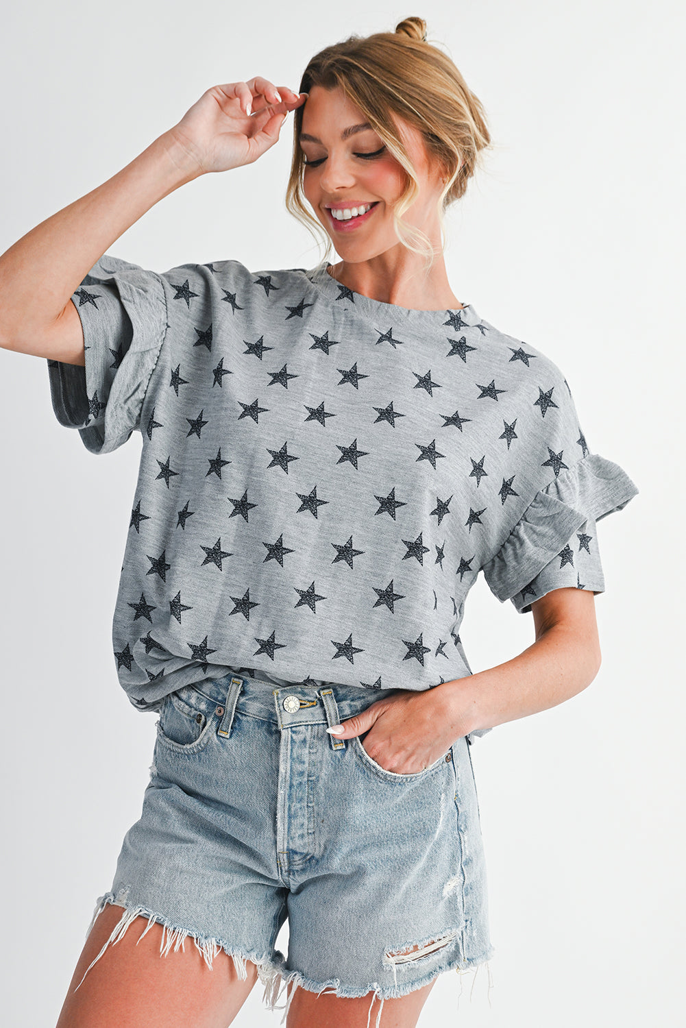 Gray Star Print Tiered Ruffle Sleeve Crew Neck T Shirt