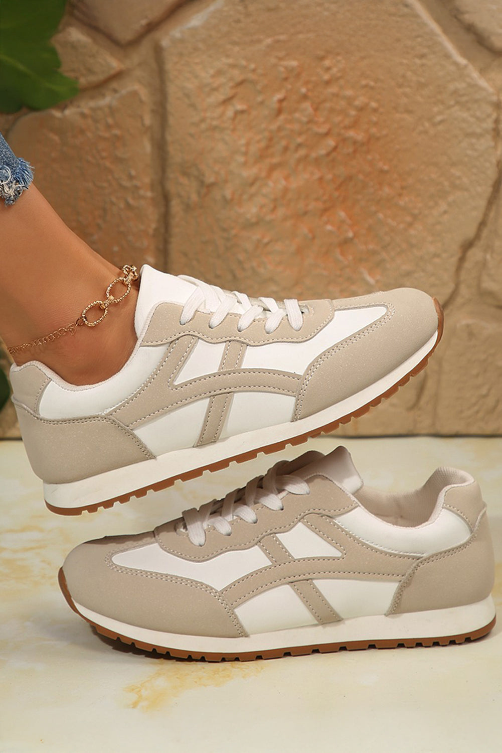 Oatmeal Contrast Lace Up Round Toe Sneakers