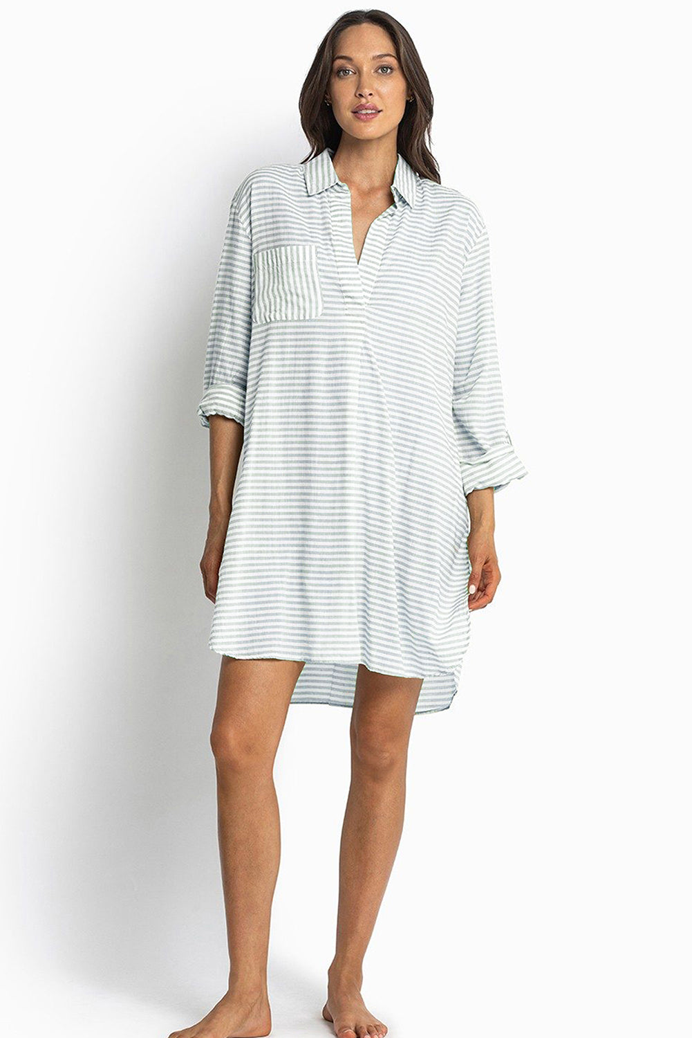 White Stripe Collared V Neck Chest Pocket Long Sleeve Beach Cover up