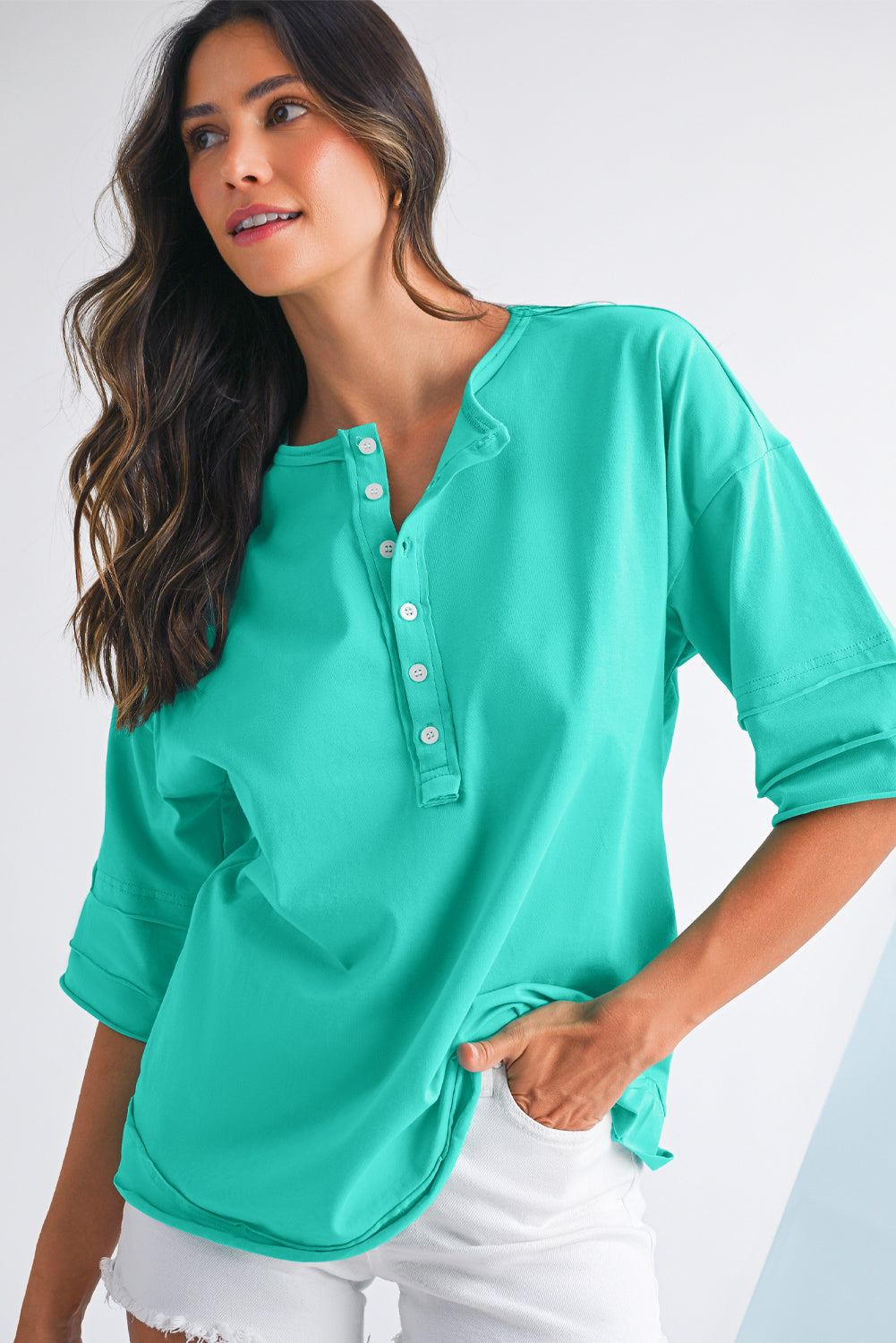 Mint Green Solid Color Half Sleeve Henley Top