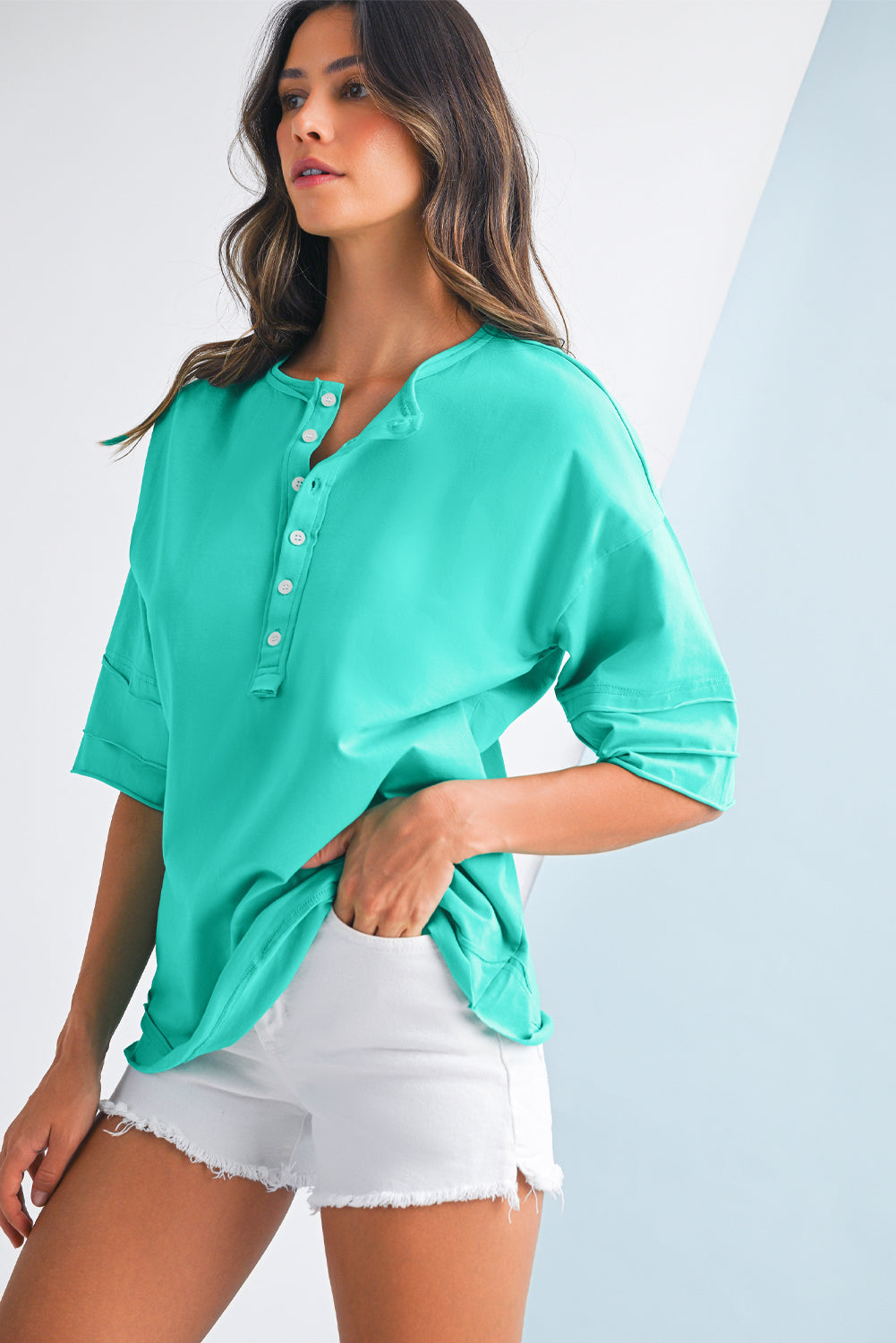 Mint Green Solid Color Half Sleeve Henley Top