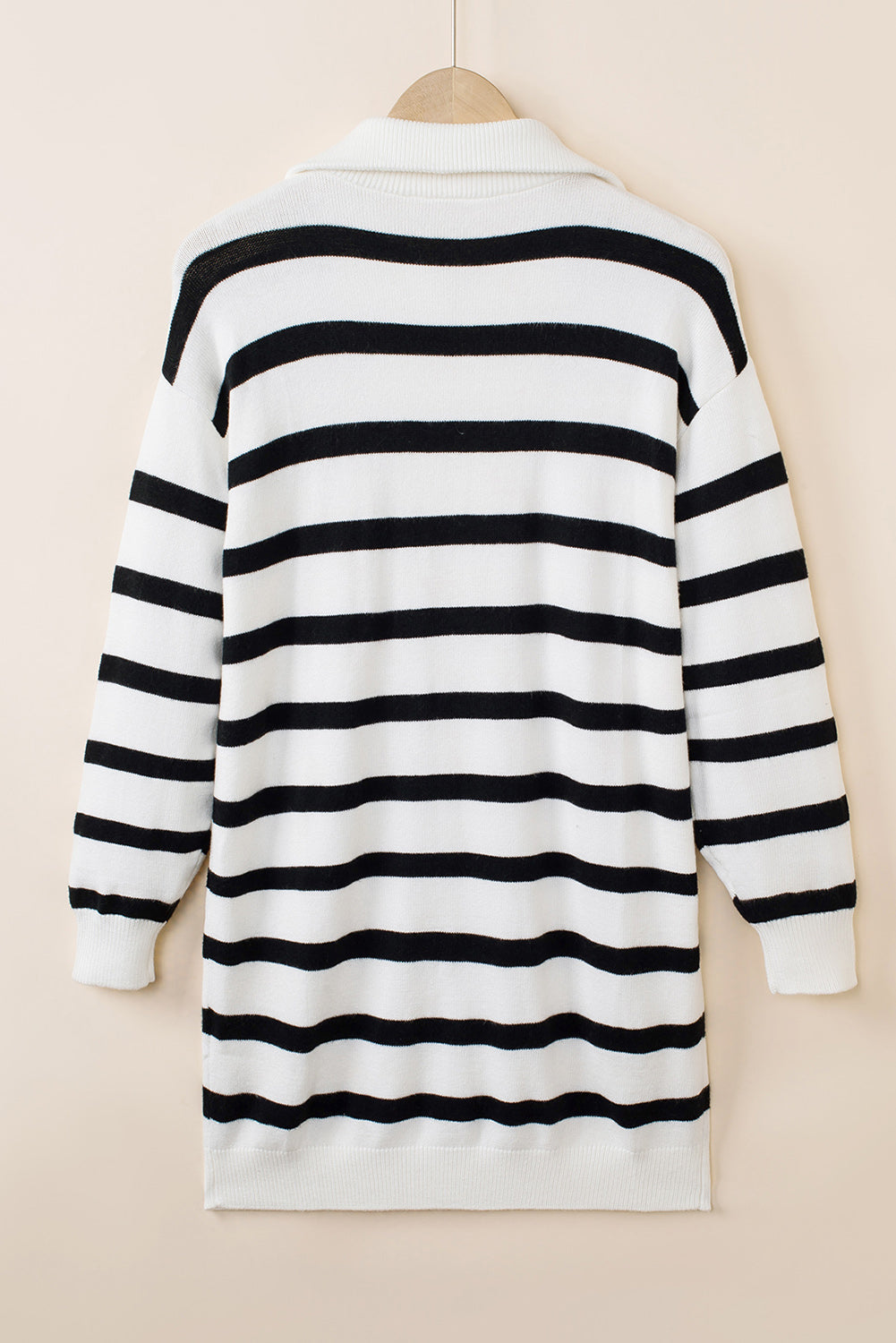 White Striped O-ring Zip Collared Loose Sweater Mini Dress