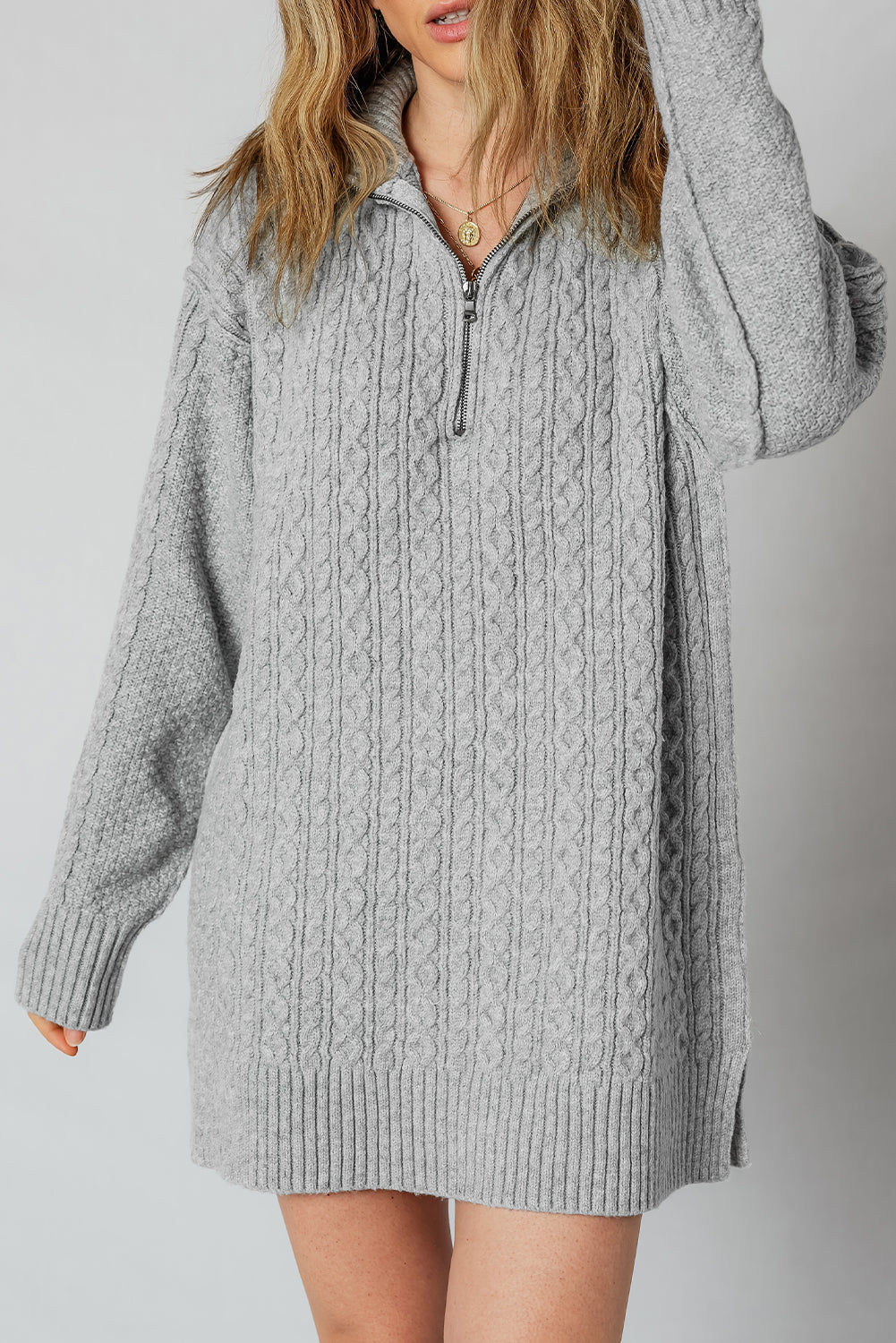 High-rise Quarter Zip Ribbed Trim Cable Knit Loose Sweater Dress