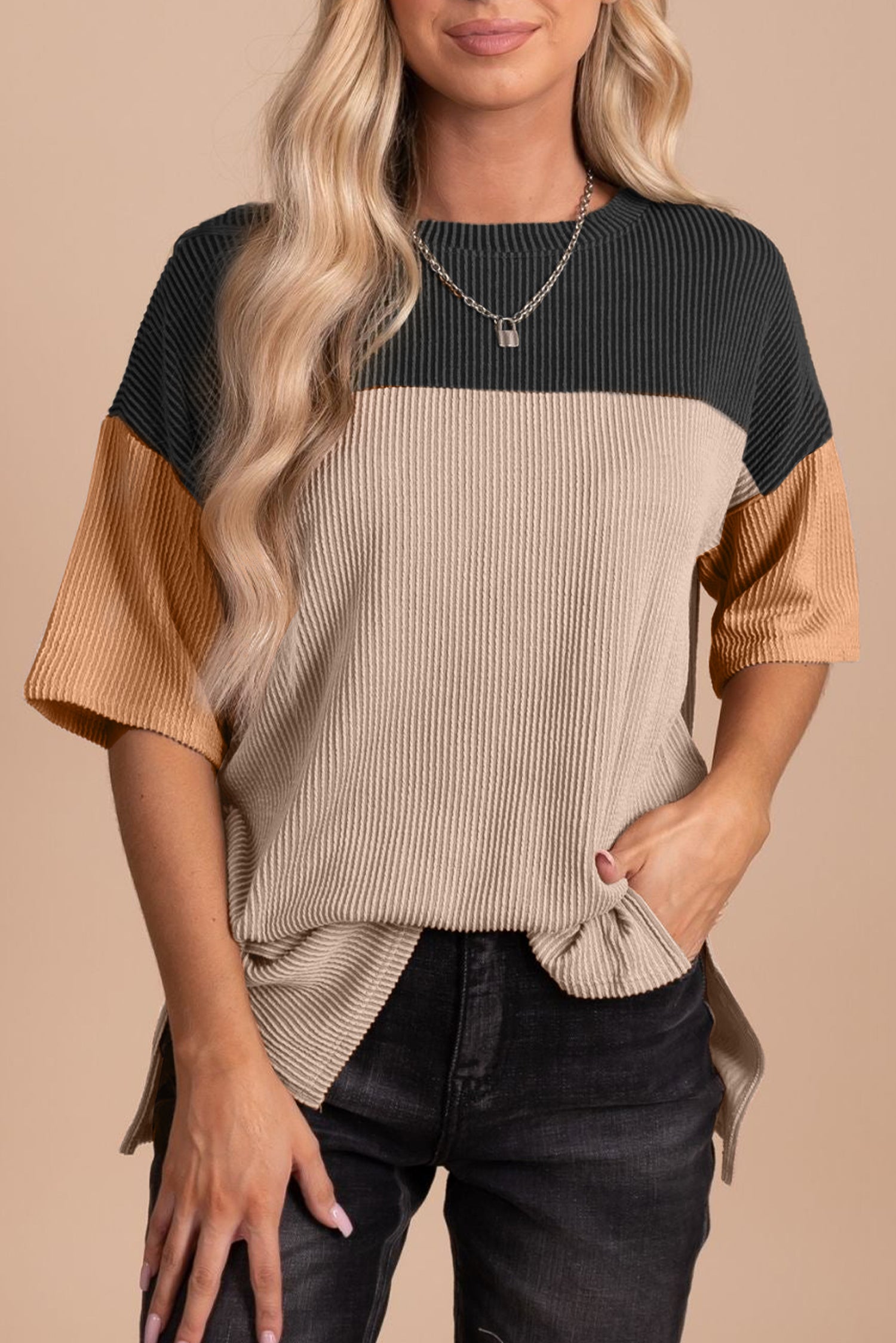 Black Color Block Ribbed Side Slits Half Sleeve Top