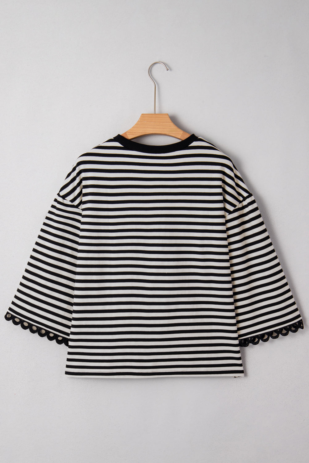 Black Striped Round Neck Contrast Lace Trim Bell Sleeve Top