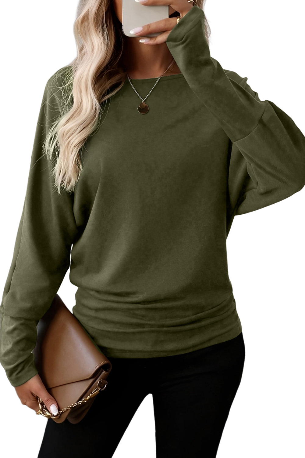 Green Solid Color Round Neck Dolman Sleeve Top