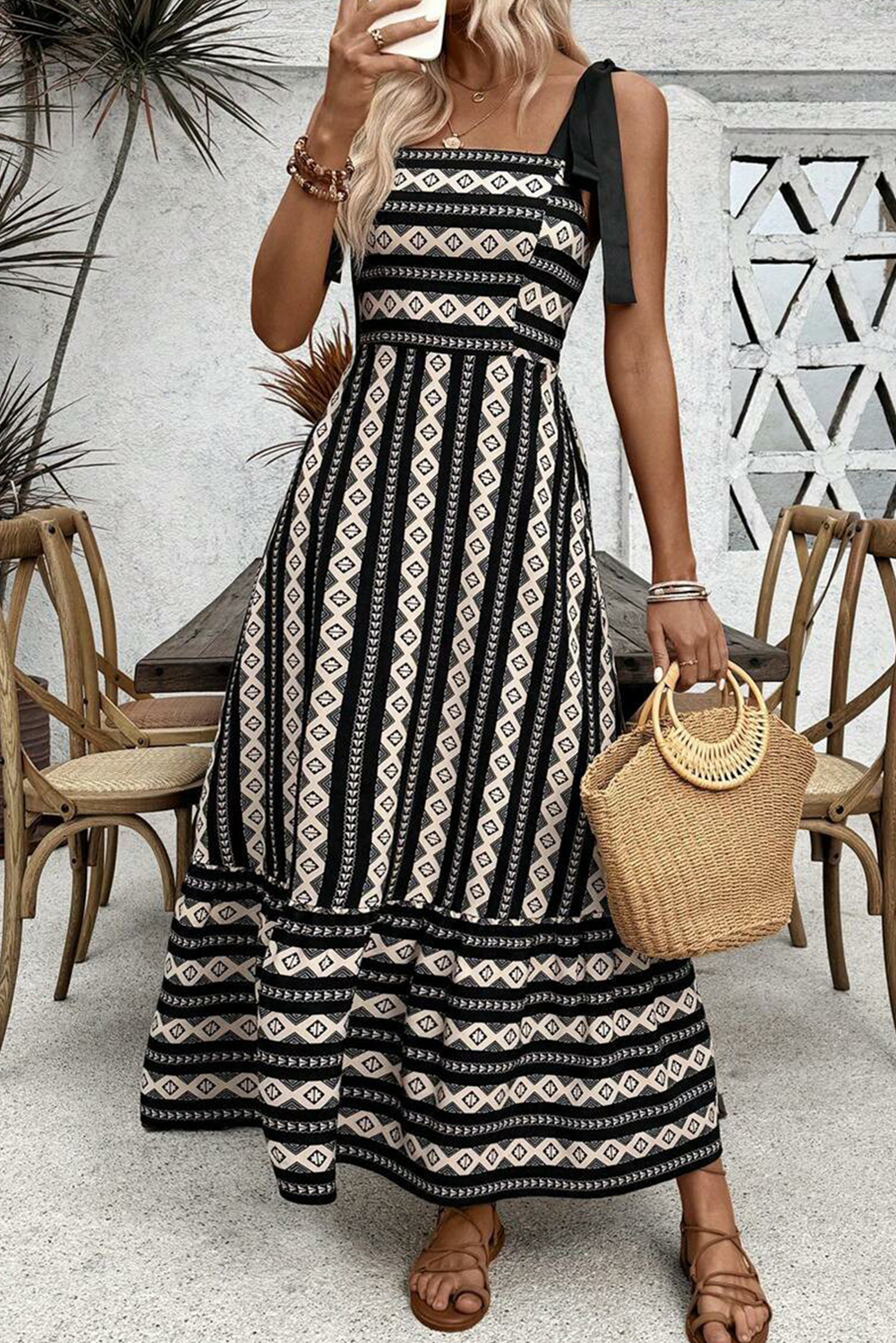 Black Geometric Striped Knot Strap Maxi Dress