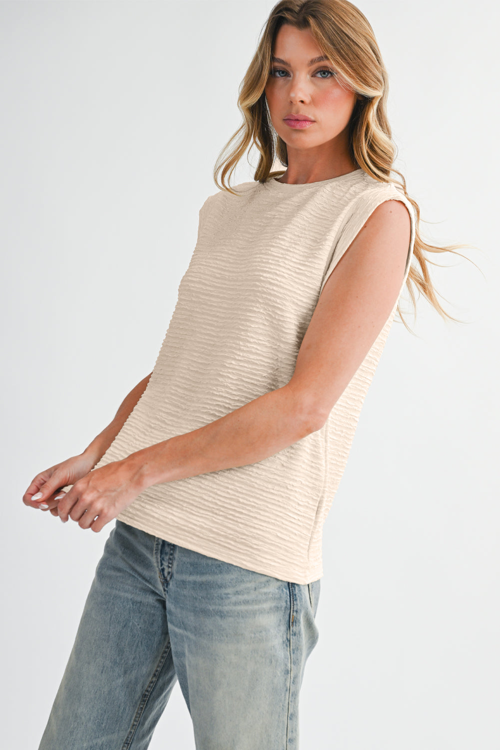 Beige Textured Round Neck Sleeveless Shirt